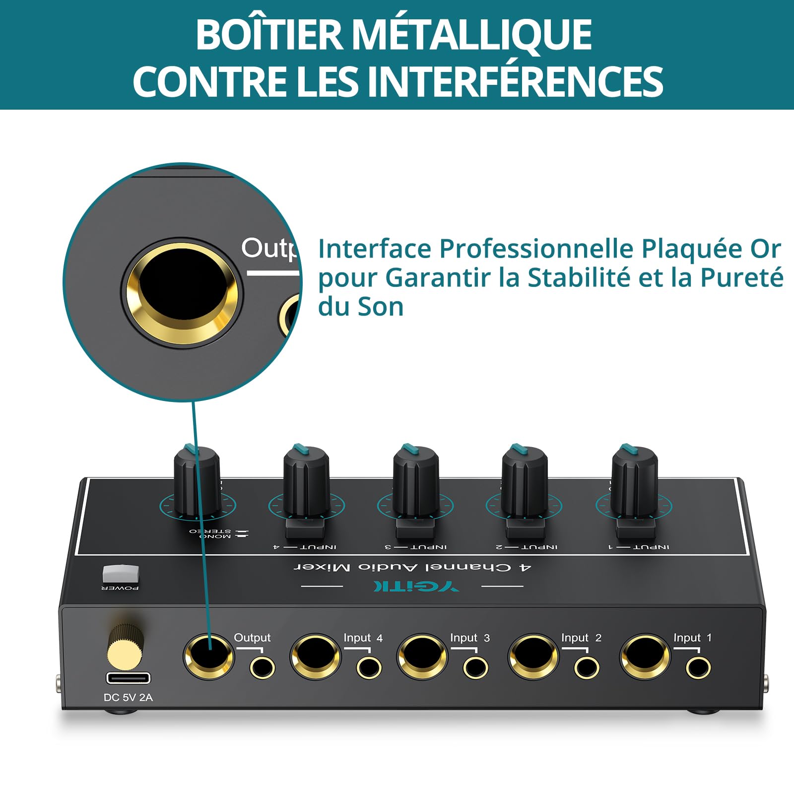 Mini Mélangeur Audio 4 Canaux Stéréo/Mono, 3,5 mm + 6,35 mm avec Contrôle du Volume Indépendant, Faible Bruit, USB Type-C pour Guitare, Clavier, Micro, Casque, PC