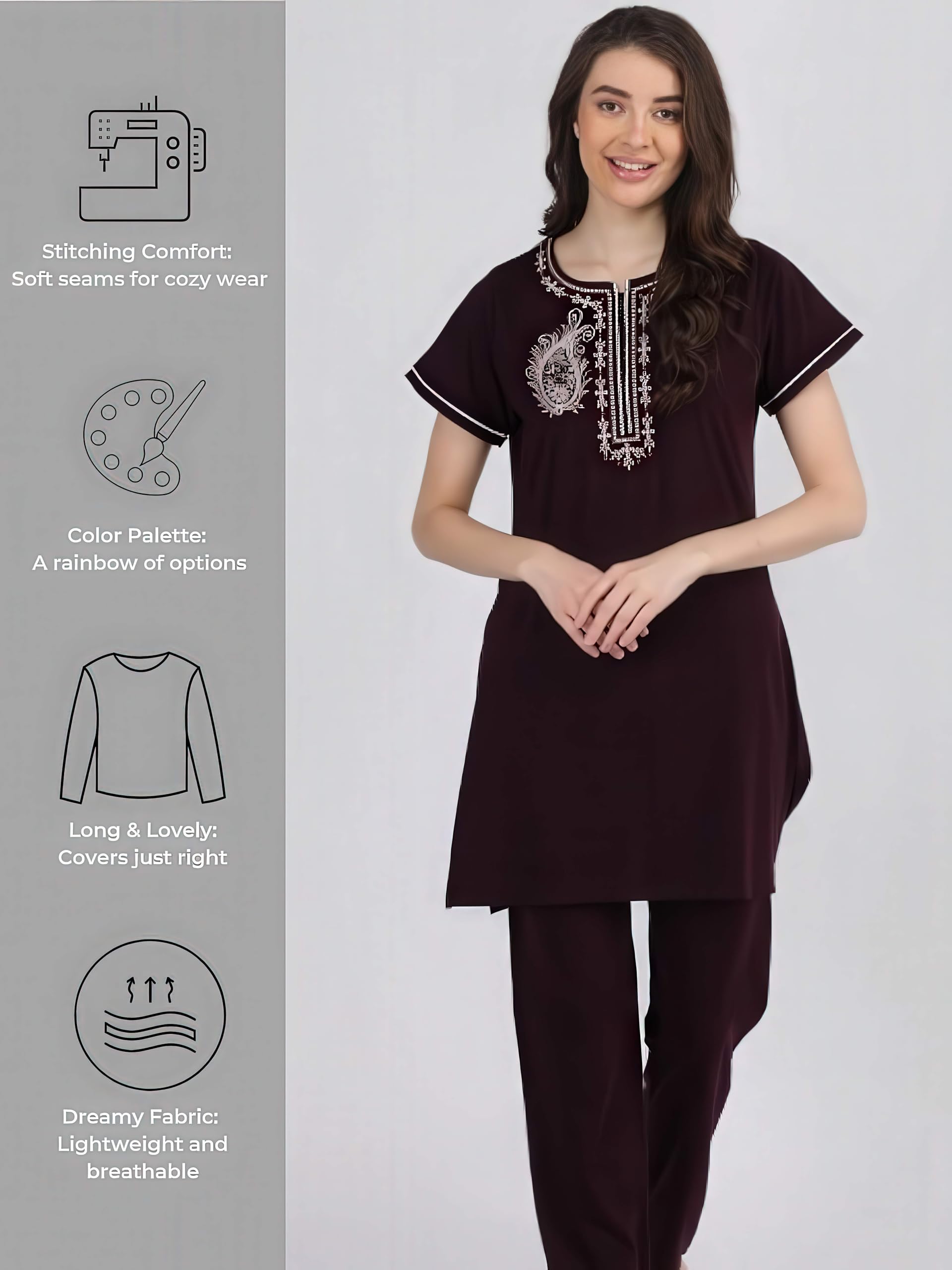 Duchess Women's Cotton Embroided Long Length Night Suit Set, 3xl ,WINE color - Image 4 thumbnail