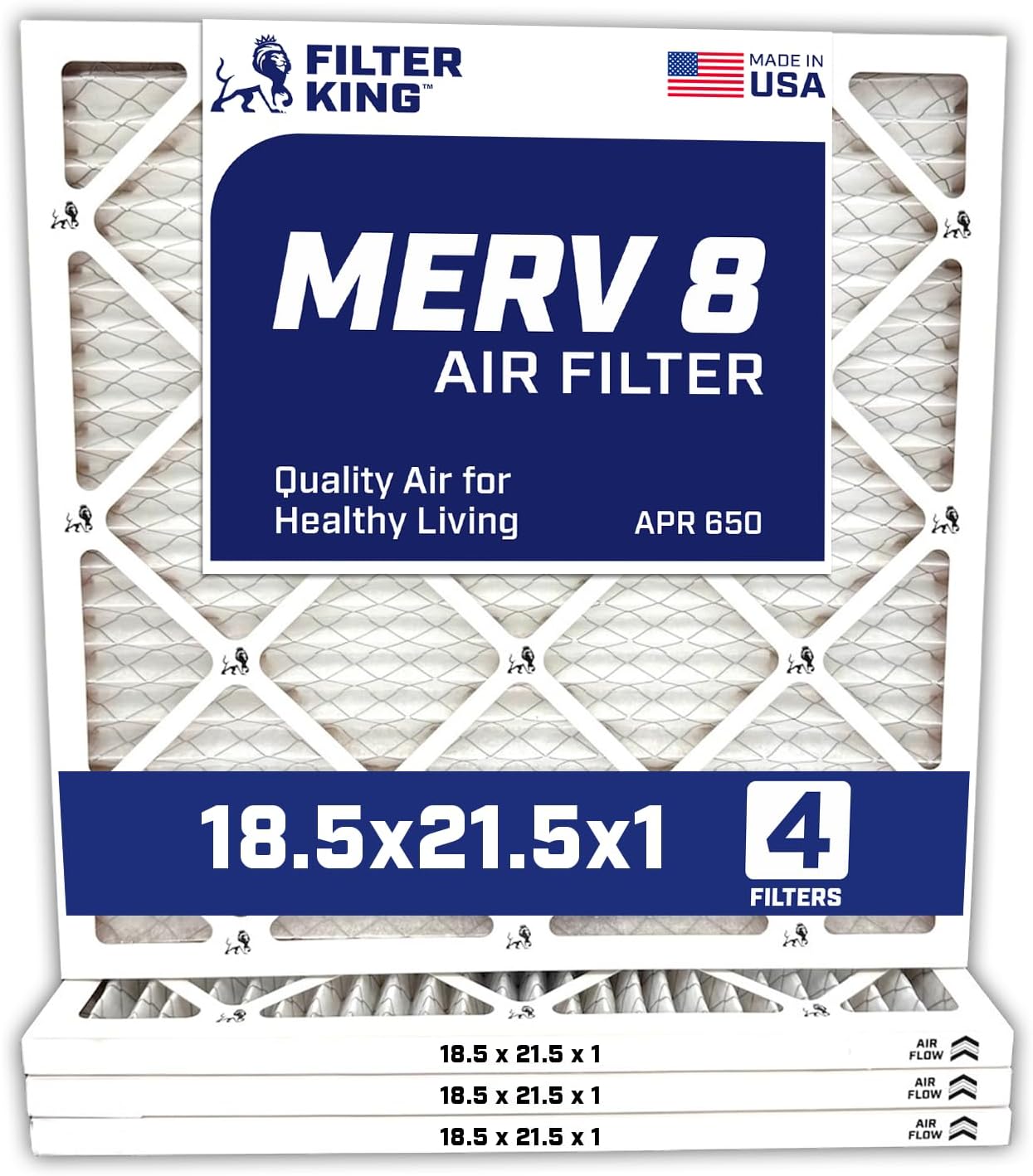 Filter King 18.5x21.5x1 Air Filter | 4-PACK | MERV 8 HVAC Pleated A/C Furnace Filters | MADE IN USA | Actual Size: 18.5 x 21.5 x .75"