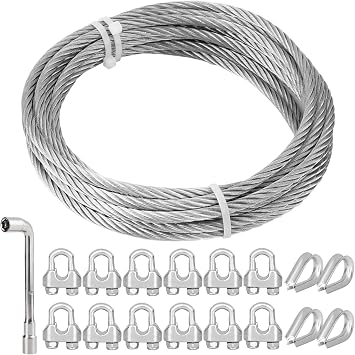 TooTaci 6mm Wire Rope, 5M/6mm Stainless Steel Cable, 7 19 Strands Heavy Duty Steel Tension Wire with 12pcs M6 Rope Clamps & 4pcs Steel Thimbles M6, for Outdoor Hanging/Garden/Railing/Clothesline