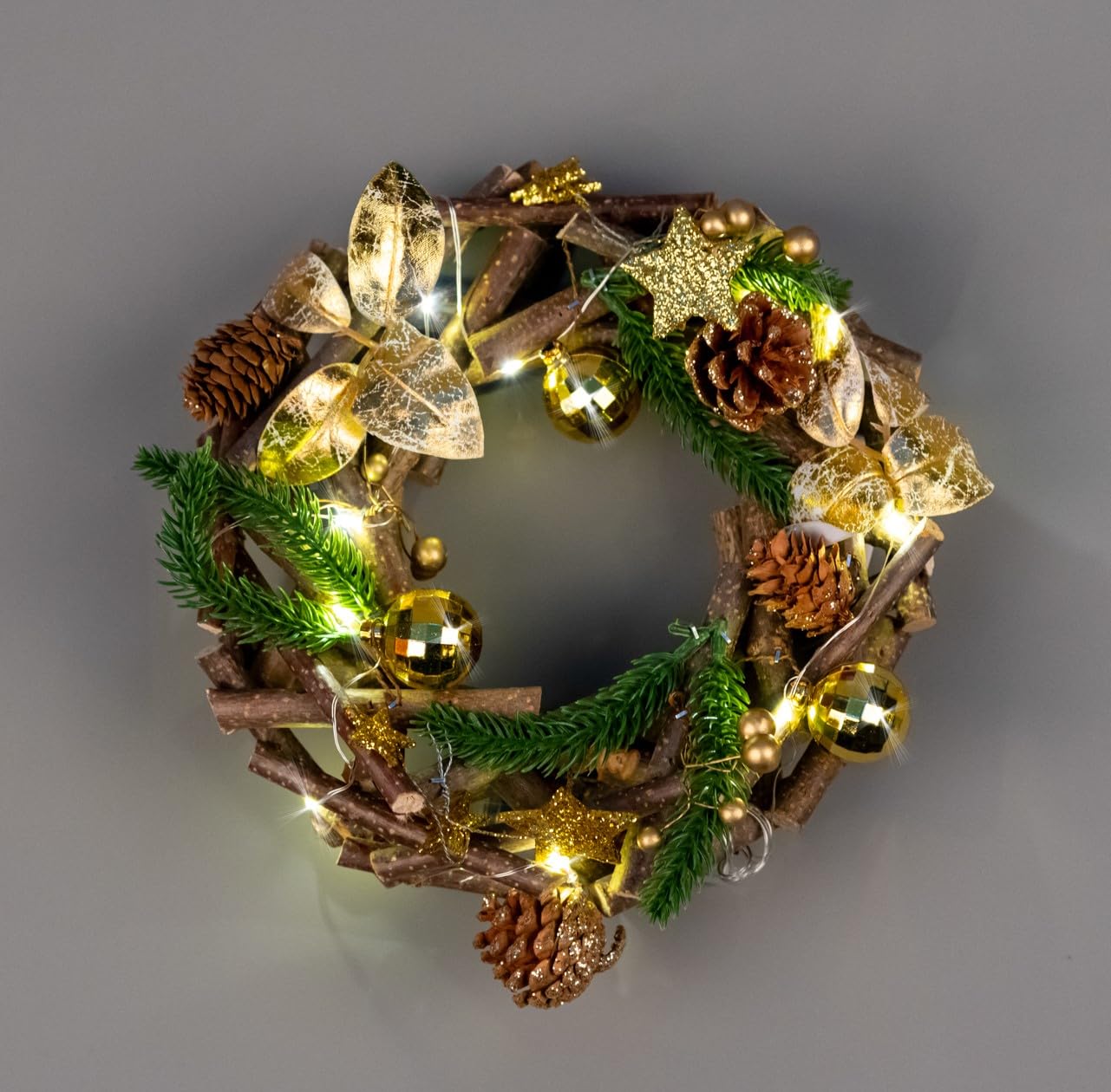 22cm Prelit Wreath Battery Operated - Wooden Twigs Base Decorated with Golden Baubles,Berries,Leaves,Stars,Foliage,Pine Cones, Micro Rice LED Lights - Christmas Home Hanging Decoration