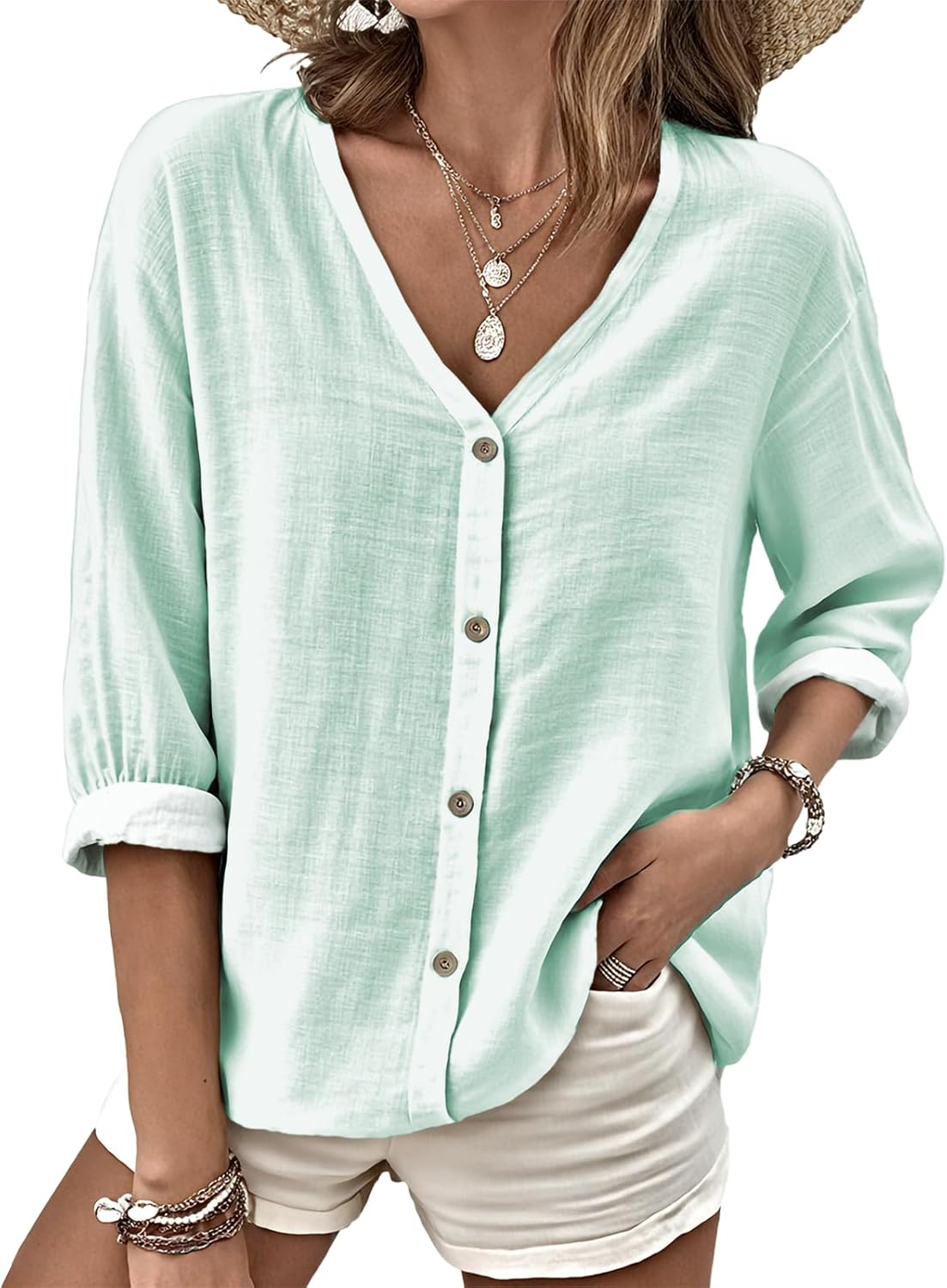 Fashion T Shirts for Women Soft Basic V-Neck Long Sleeve Summer Solid Color Baggy Gym Vacation Trendy Tops