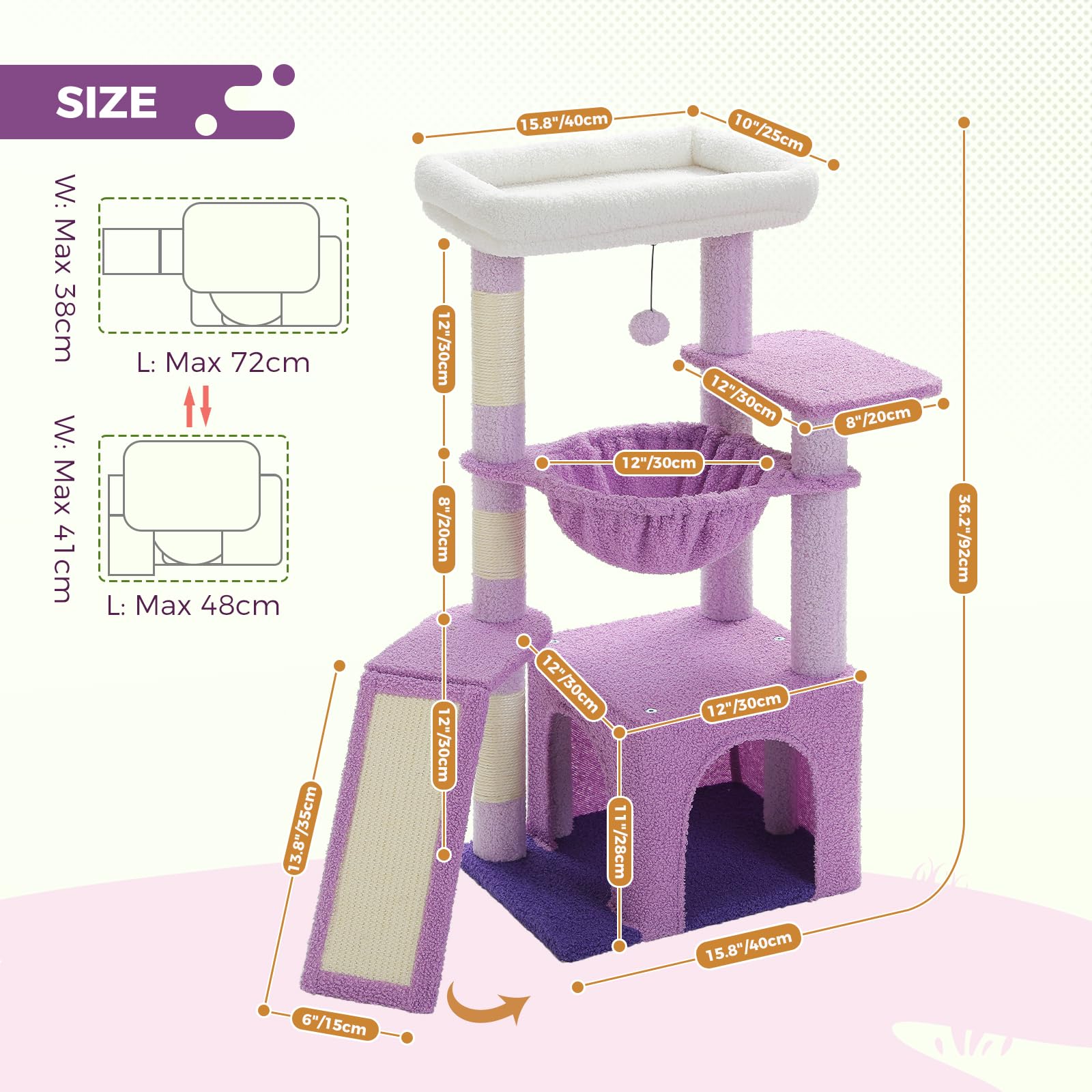 PAWZ Road, Struttura ad albero per gatti, da interni, con spaziosa cuccia, 1 piano in sisal, 3 pali tiragraffi, grande amaca e trespolo, 90 cm, viola