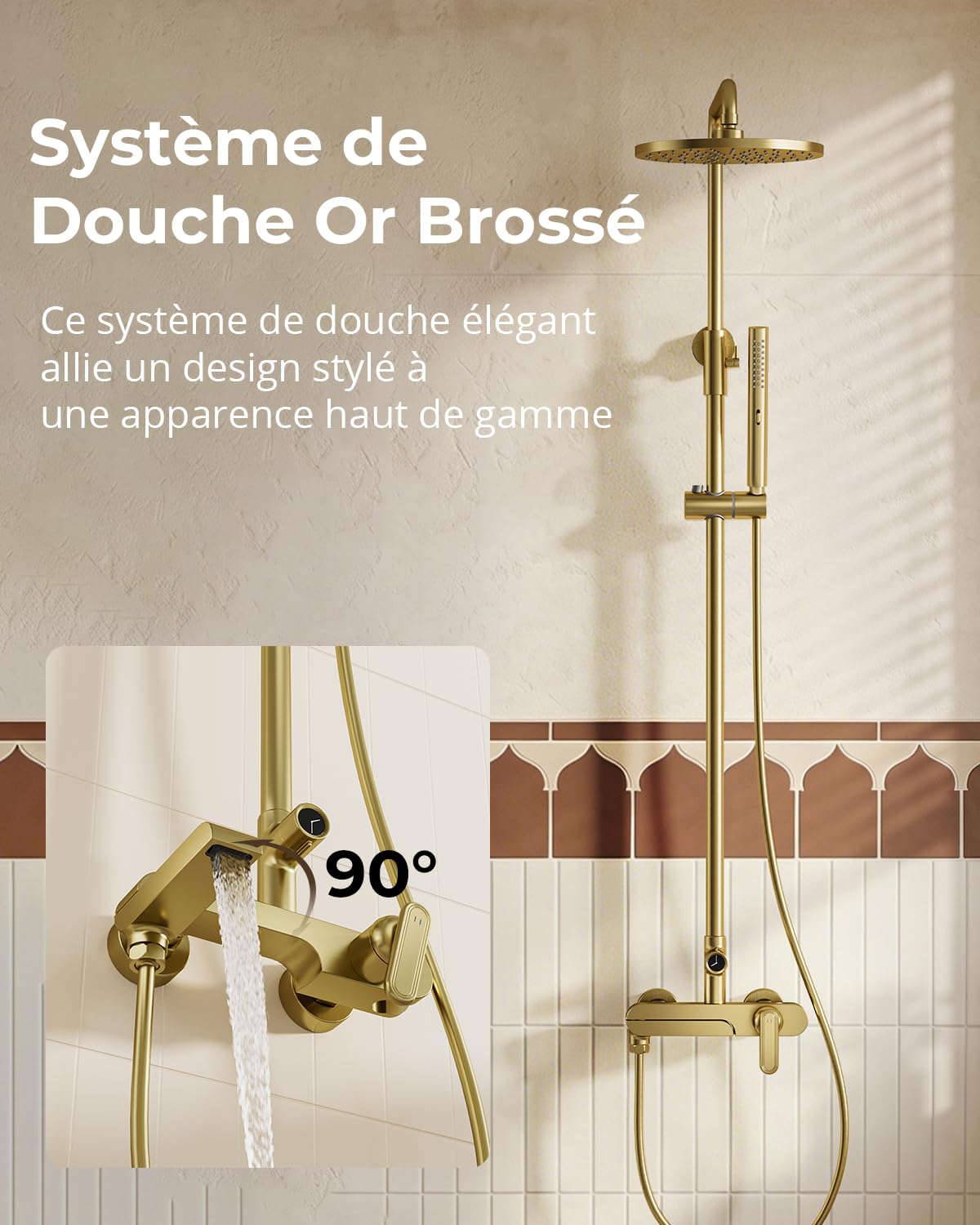 Colonne de Douche or Brossé avec Mitigeur, Robinet de Baignoire Pivotant