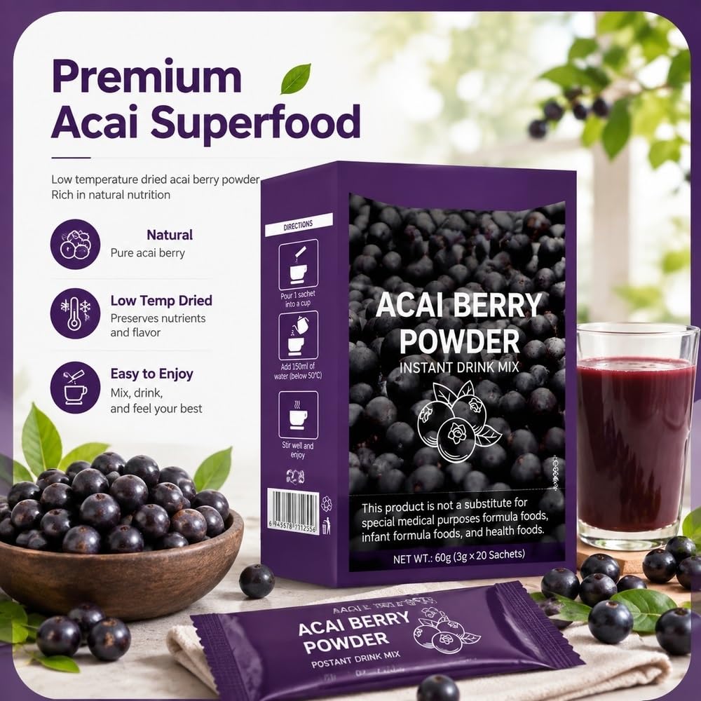 Polvere di bacche di Acai, 20 bustine, 60 g | Acai liofilizzato, senza zuccheri aggiunti, si dissolve facilmente(5boxes)