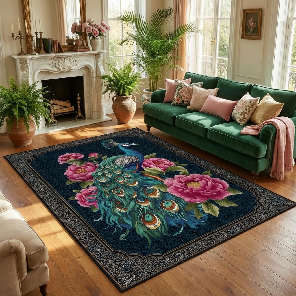 CCoutueChen Cottage Peacock Area Rug, 5x7 Navy Blue Vintage Birds Floral Large Rug Low Pile Decorative Floor Mat for Kids' Room/Bedroom/Living Room, Non-Slip & Durable