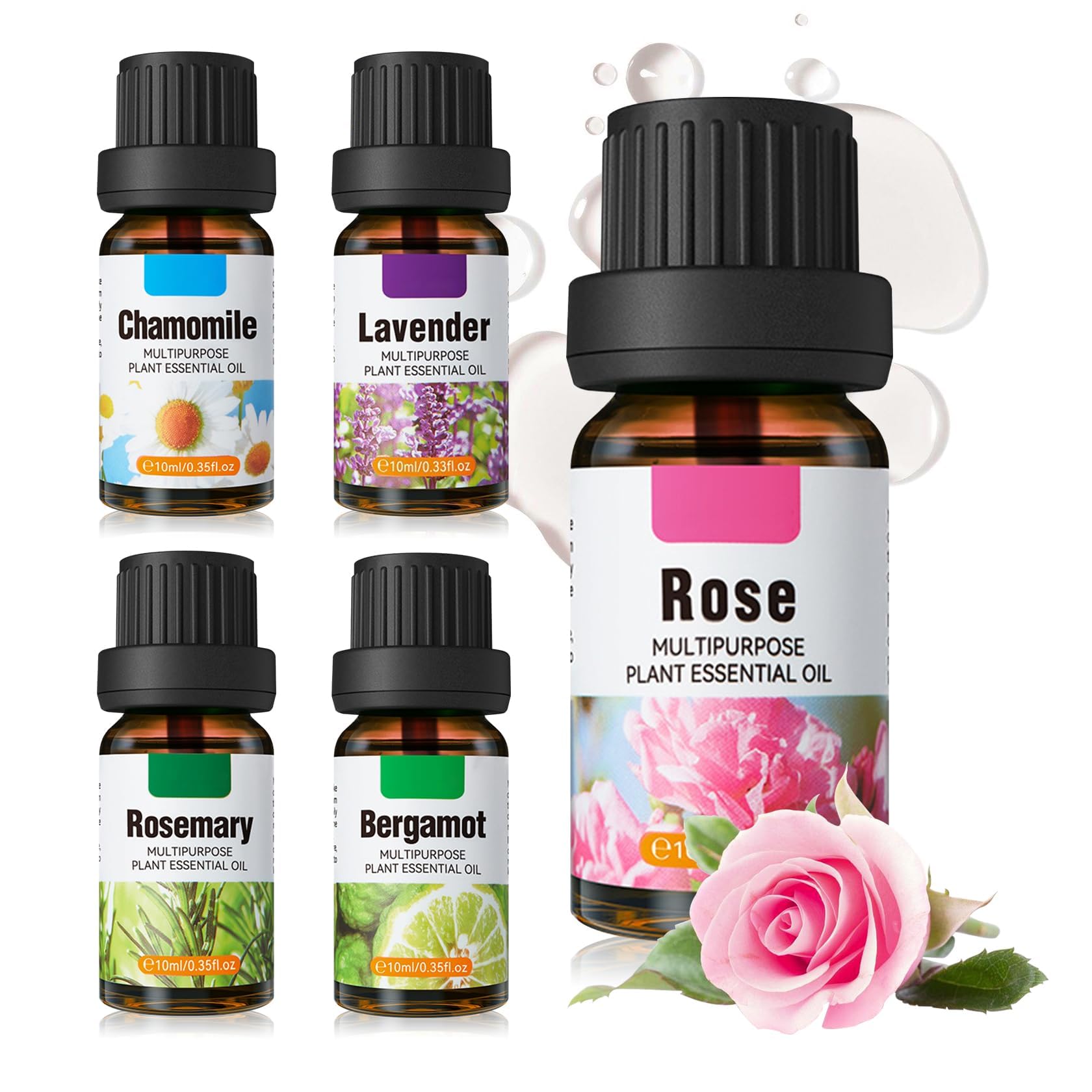 Rose Oil Essential Oil for Skin Use, Rose Oil Organic for Face Hair, Romantic Aromatherapy Scent Essential Oils Set for Diffuser, Soap, Bath, Massage（5 Pack）