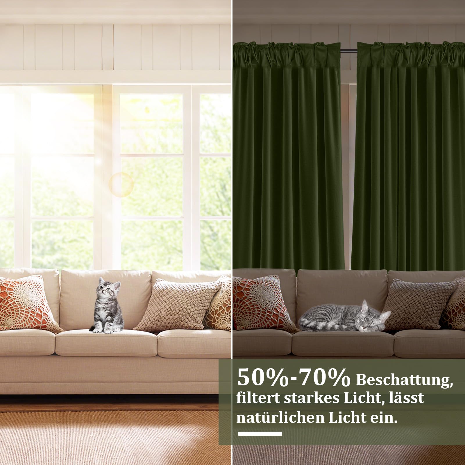 2er Set Samtvorhang Kräuselband, Schöne Samt Gardinen Verdunkelung Multifunktionsband, Thermogardine, Velvet Vorhang Flächenvorhänge Wohnzimmer, Schlafzimmer (H244xB132CM, Oliver Grün)
