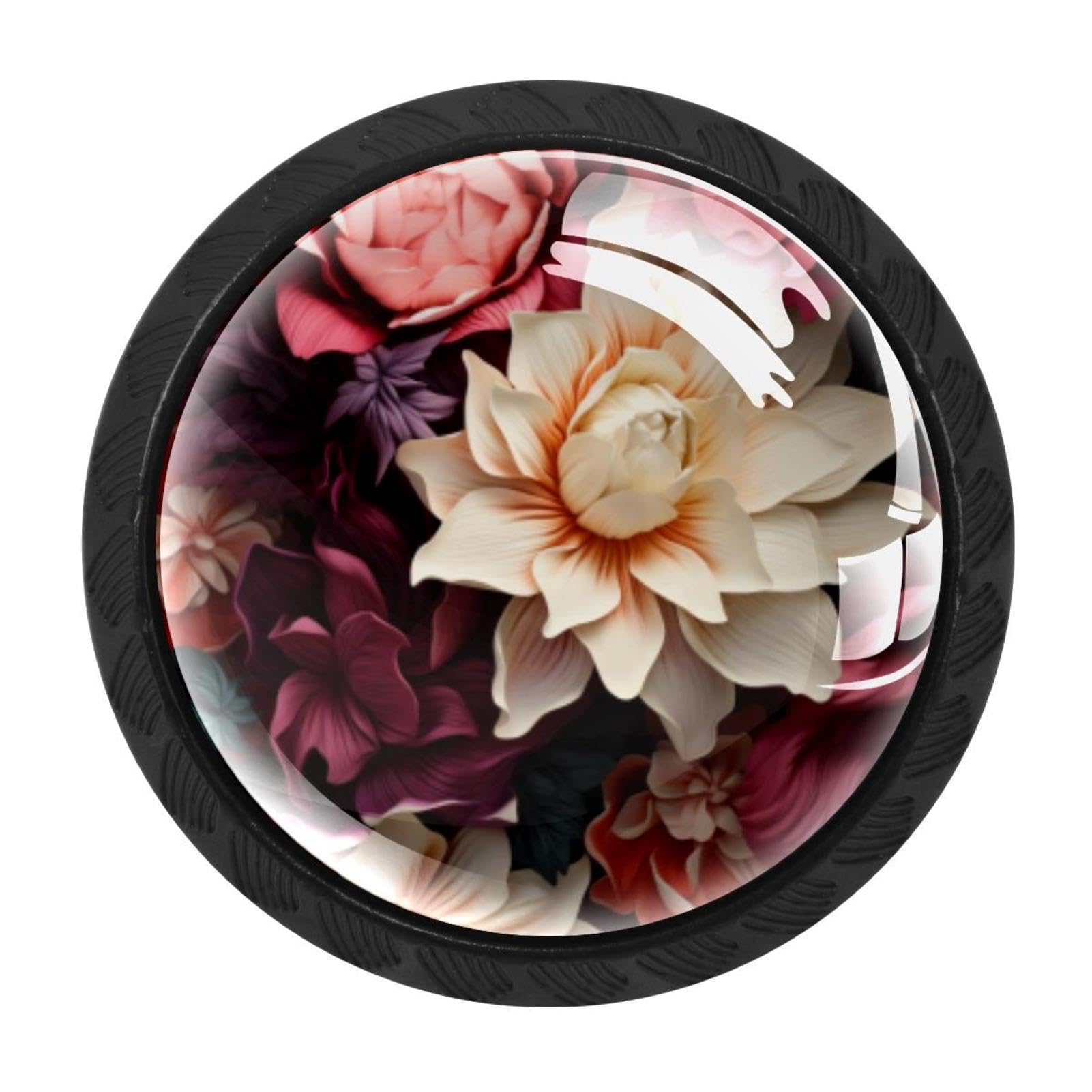 CHENZZZZ 4 Pack Drawer Knobs, Black Handle Dresser Drawer Pulls, Round Decoration Cabinet Hardware Pulls with Screws for Kitchen Cupboard Wardrobe, Flower Petal