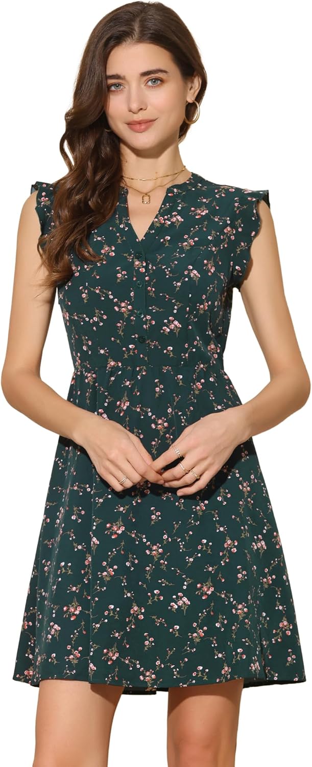 Allegra K Women's V Neck Flutter Sleeve Ruffle A-Line Flowy Chiffon Dress