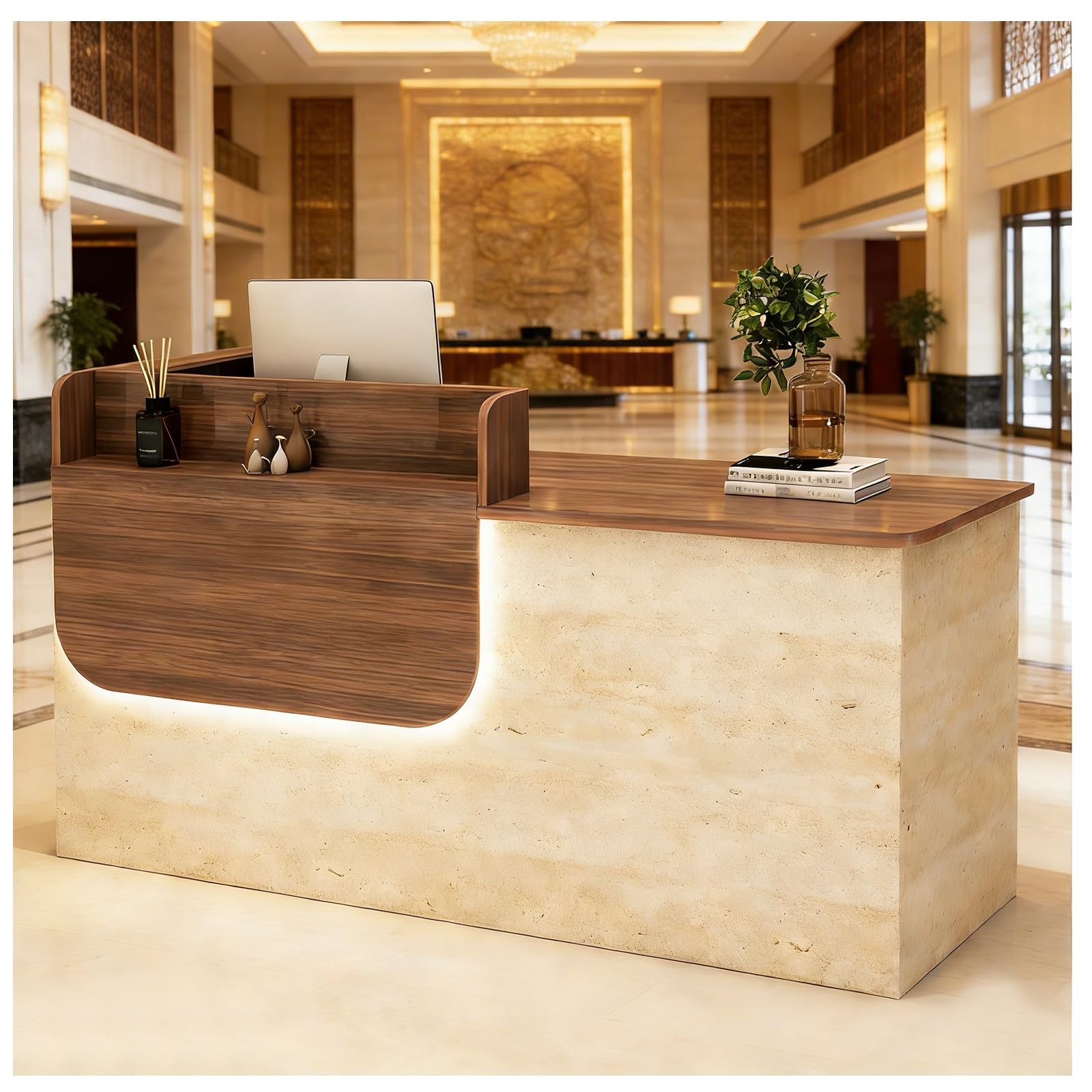 Escritorio moderno de iones con bandeja para teclado y estantes con cerradura de luz LED, elegante mostrador para hoteles, empresas, espacios minoristas, 100 x 60 x 100 cm