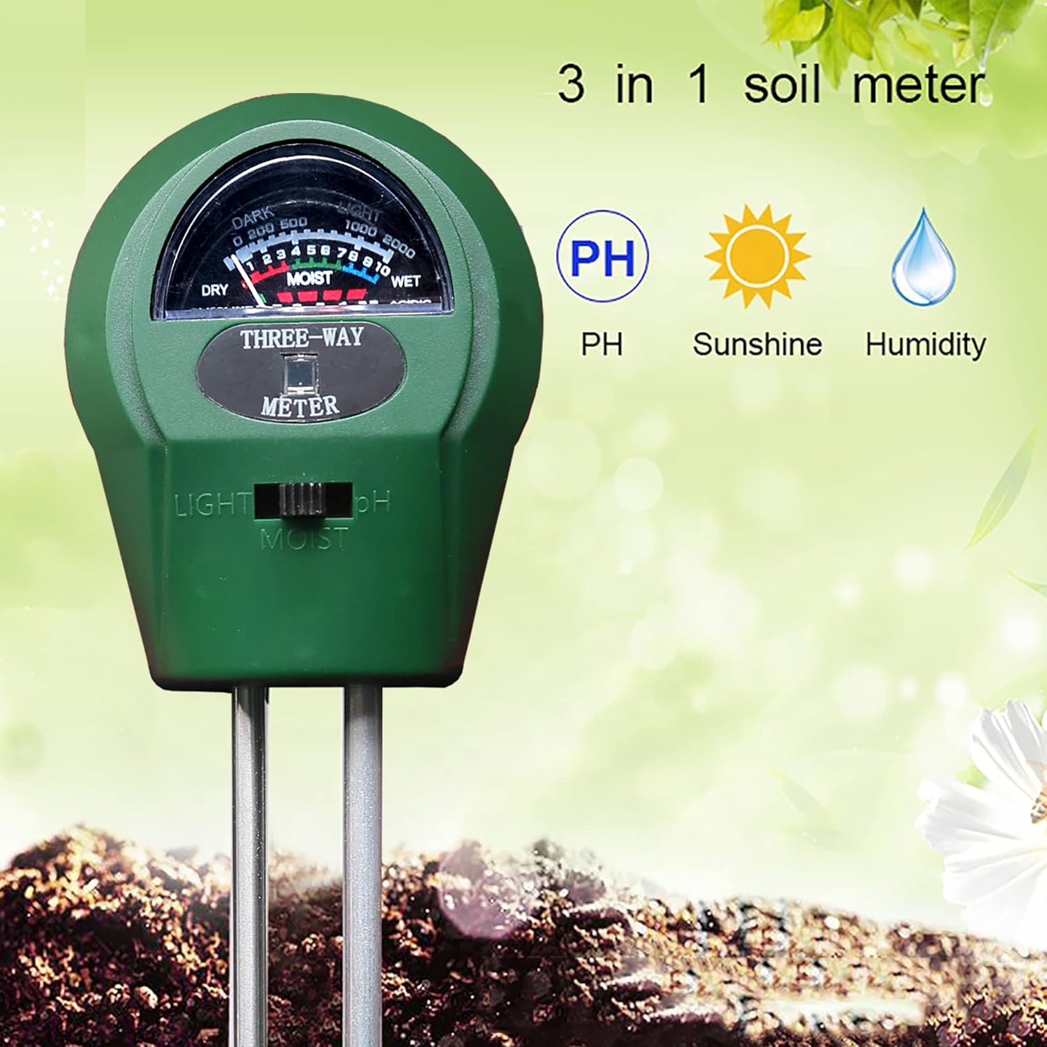 3-in-1 Soil Tester measuring moisture in a garden bed
