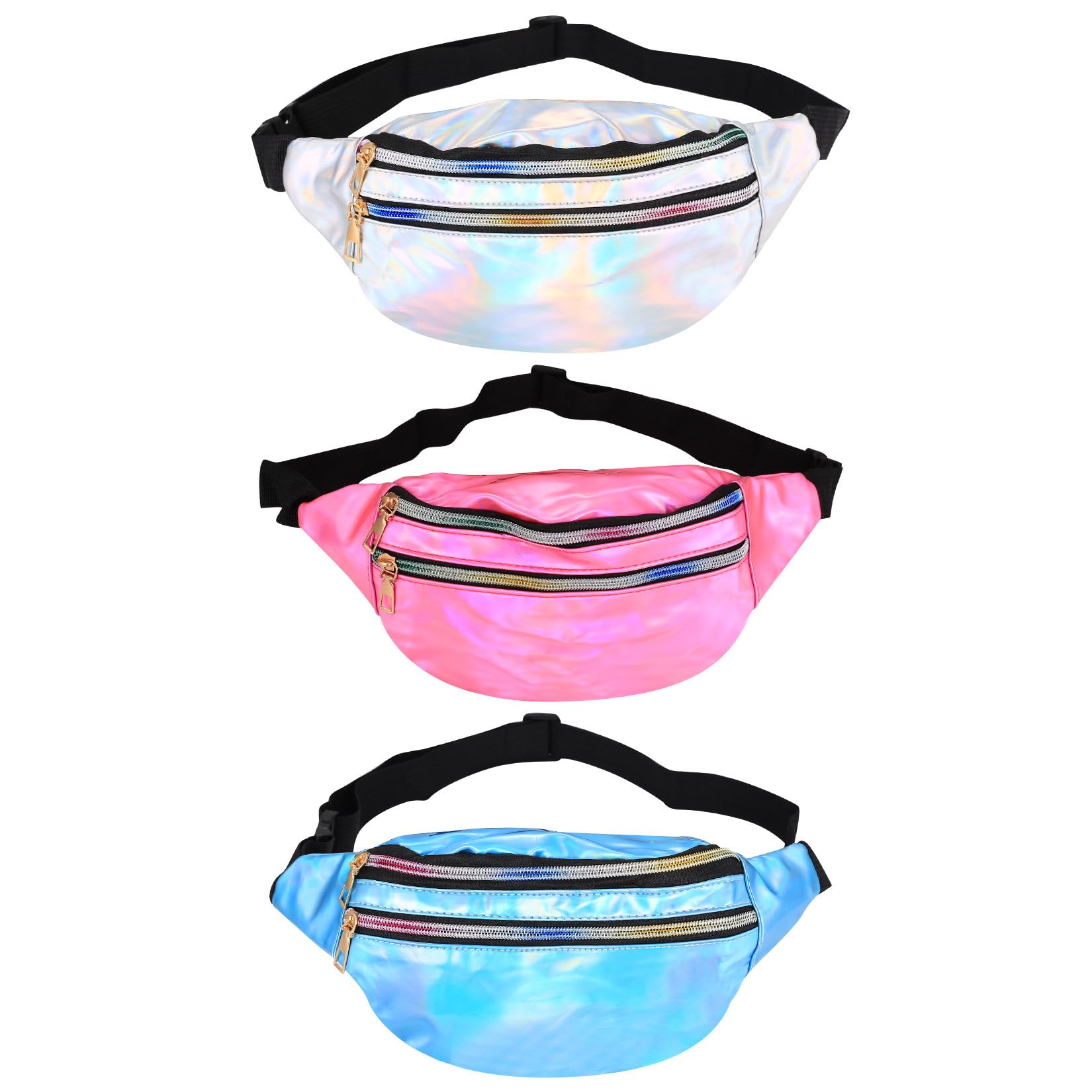 3 PcsSac Banane Homme Femme Sport, Sacoche Banane Homme Femme Bandouliere Réglable, Sac Ceinture Métallique Holographique étanche en PU pour Voyage Randonnée Jogging Marche, Années 80 et 90