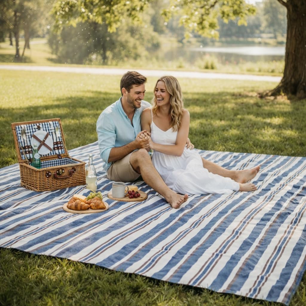 Extra Large Picnic Blanket 80"x80" Waterproof & Foldable, Stripes Outdoor Mat for Beach, Camping, Park & Lawn, Soft Sandproof Picnic Blanket for Family & Couples, Blue White