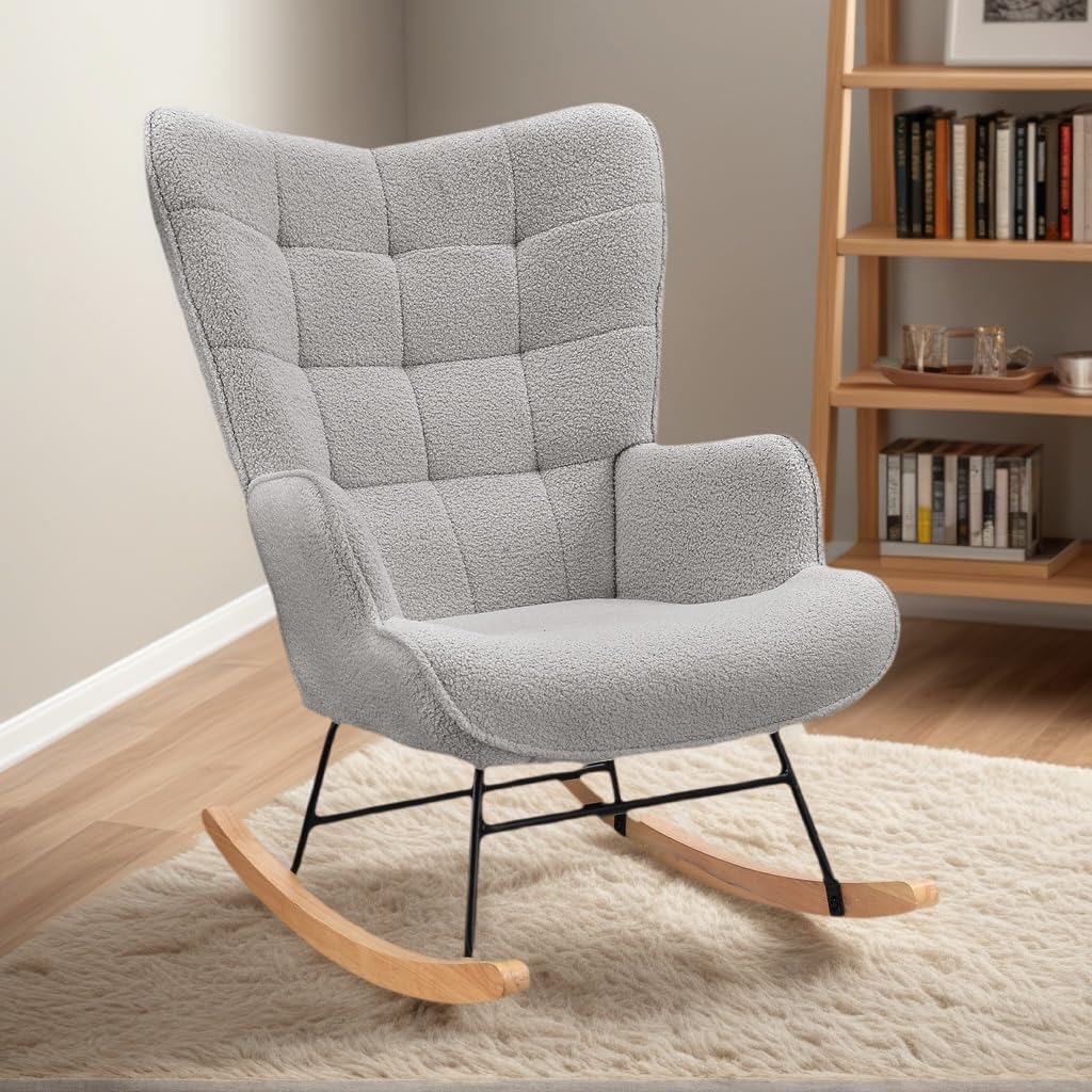 Silla Mecedora con Apoyabrazos, Silla Mecedora Acolchada Rocking Chair Butaca Mecedora Dormitorio Sillón Acolchado Ergonómica Tejidos de Terciopelo Sillones para el Salón (Gris B,Terciopelo)