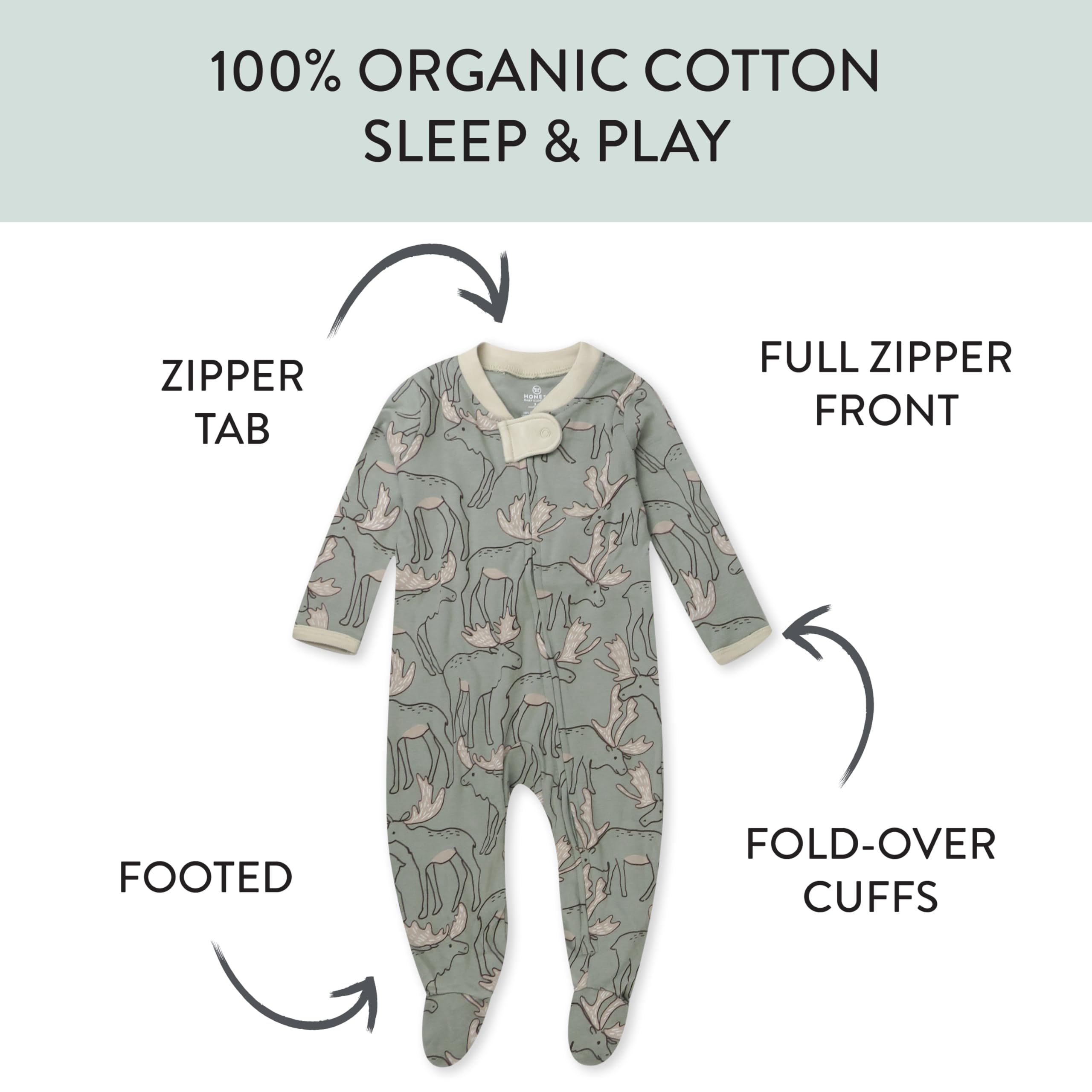 HonestBaby Baby 1 Holiday Sleep & Play Footed One-Piece Pajama Sleeper 100% Organic Cotton, Moose Delight, 3-6 Months