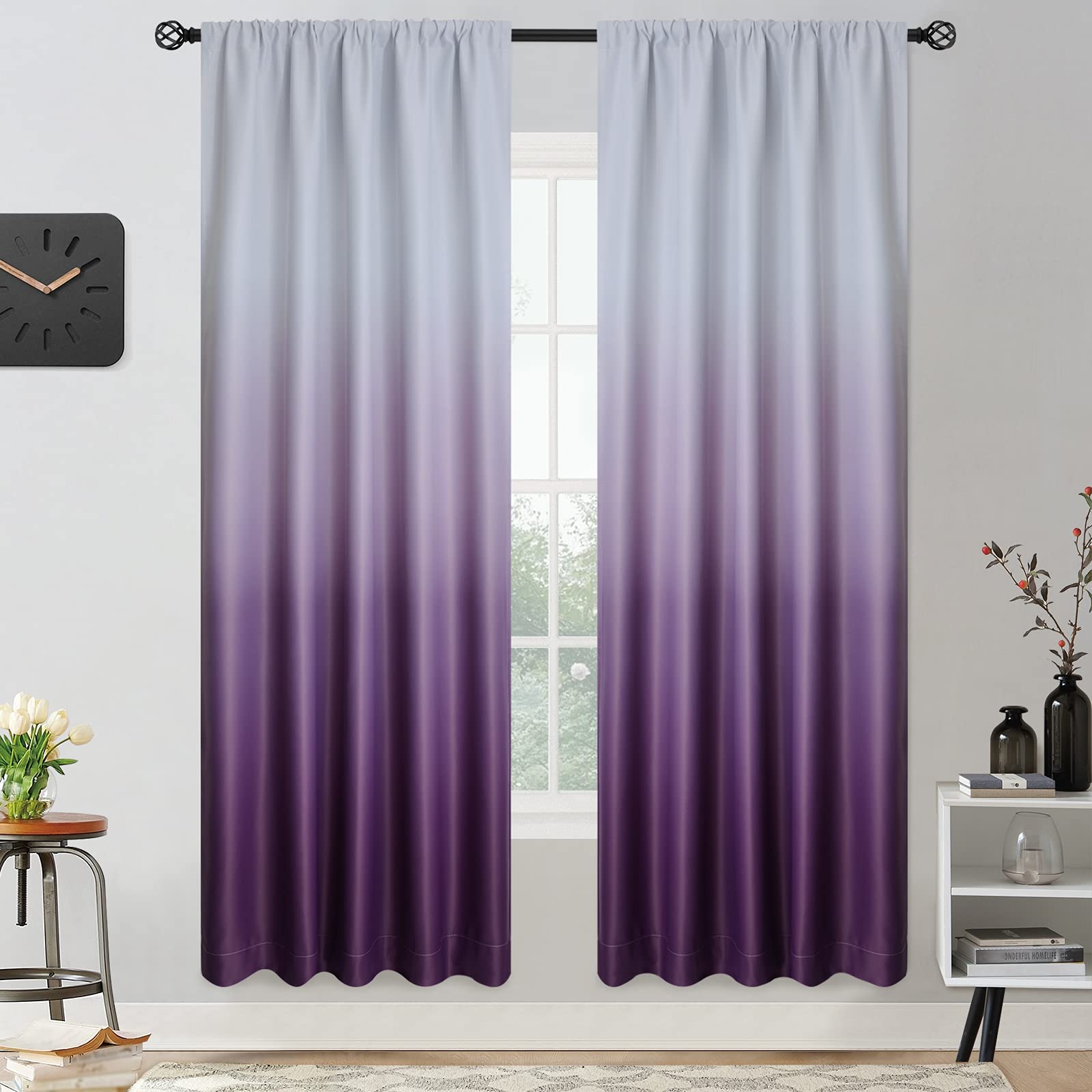 Yakamok Purple and Greyish White Ombre Curtains with Rod Pocket, Light Blocking Gradient Color Curtains, Room Darkening Thermal Insulated Window Drapes for Living Room/Bedroom,2 Panels, 52x72 Inch โ image 1