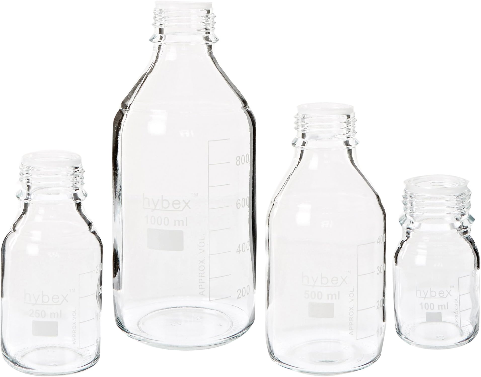 Benchmark Scientific Hybex B3000-SP Borosilicate Glass Graduated Media Storage Bottle Starter Pack with Polypropylene Blue Cap, Includes 2 x 100ml, 3 x 250ml, 3 x 500ml and 2 x 1000ml Bottle (Pack of 10)