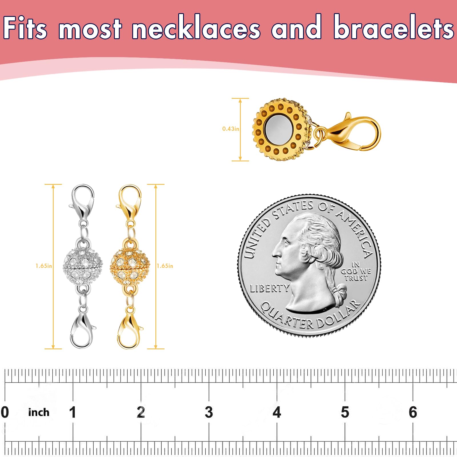 Magnetic Necklace Clasps with Lobster Clasp, 14K Gold & Silver Magnetic Jewelry Extender for Necklaces & Bracelets, Easy-to-Use Magnetic Clasp for Jewelry Closures (12Pcs | Ball)