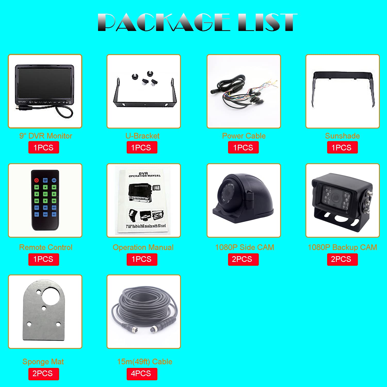 HD 1080P Backup Reversing system kamery, monitor DVR 4-dzielony ekran, maks. obsługa karty SD 256 GB, 4 x noktowizor na podczerwień, do samochodu, widok z boku, zestaw do przyczep ciężarowych