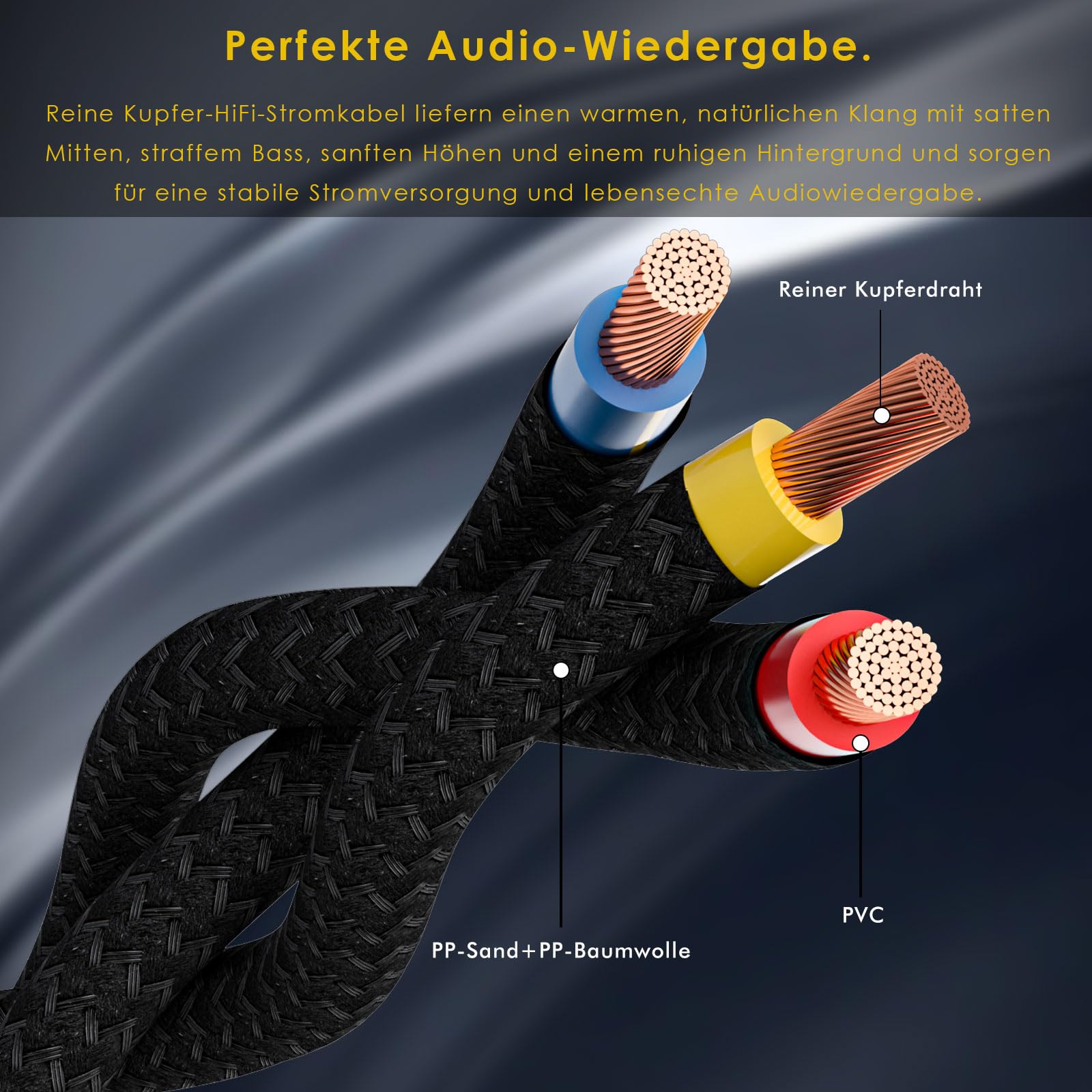 Monosaudio D541 High-End HiFi Netzkabel, 2 m, EU Schuko, IEC C15