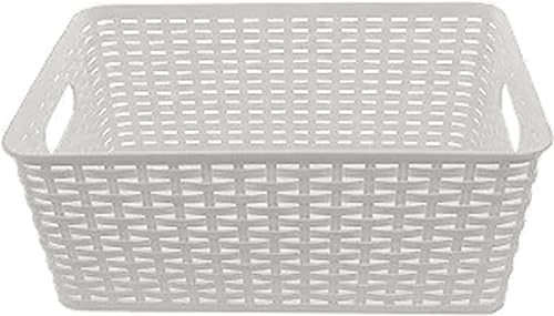 YBM Home Organizador mediano de cesta de almacenamiento de ratán de plástico, mediano, color blanco, 1 paquete