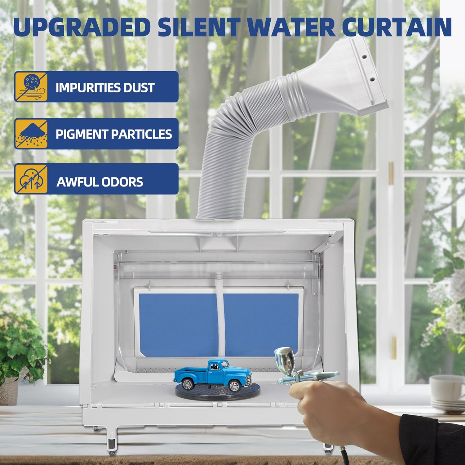 Airbrush Booth Water Curtain with 3 LED Light 3 Fans Revolving Turntable and Filter Hose, Airbrush Spray Booth for Model Paint Crafts T-Shirt Cake Hobbies