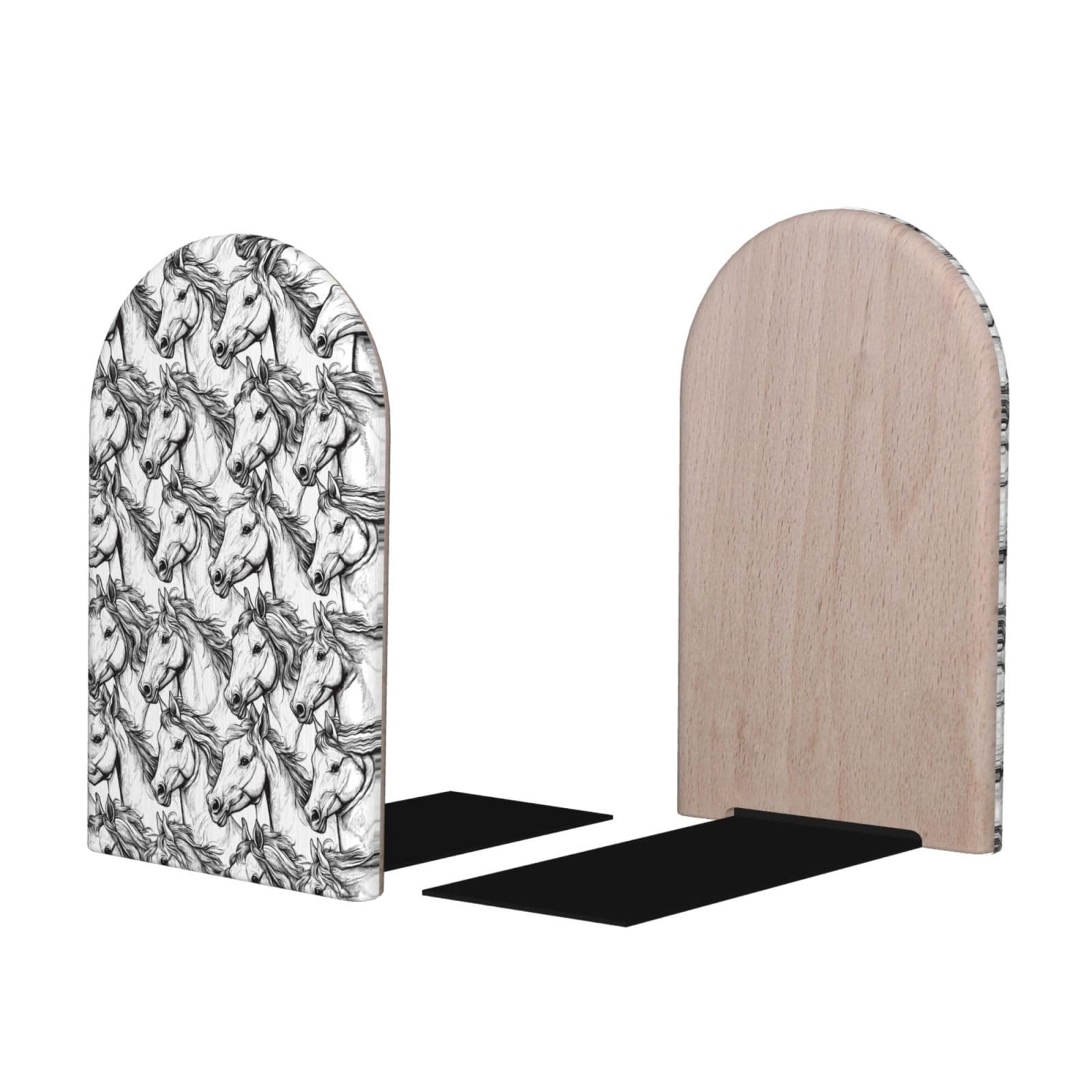 Sketch White Horse Print BookEnds 1 Pair, Decorative Bookends for Heavy Books, Wood Book Ends for Shelves, Book Organizer for Home Desk Office Supplies