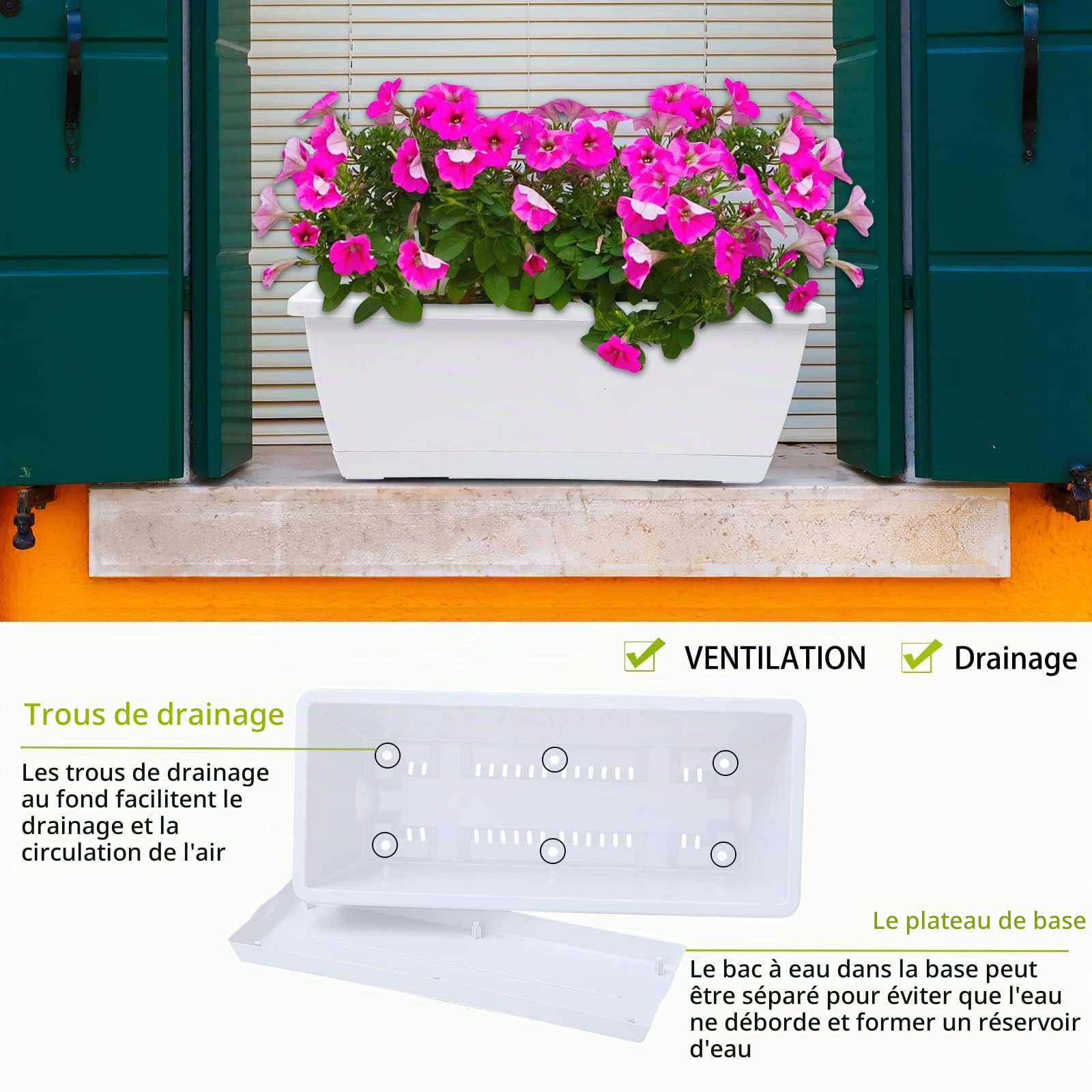 CHUKEMAOYI Lot de 7 jardinières rectangulaires en Plastique de 43,2 cm avec soucoupes pour intérieur et extérieur, Jardin, terrasse, décoration d'intérieur