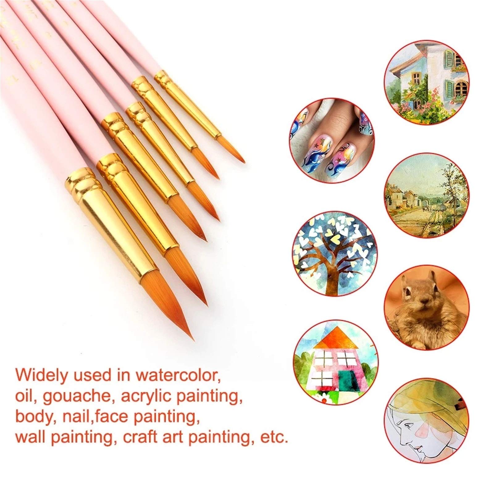 Ensembles de Pinceaux 6pcs Art Pinceau Stylo Plat Rond Pointe Peinture Professionnelle pour Débutants et Professionnels(Rose)