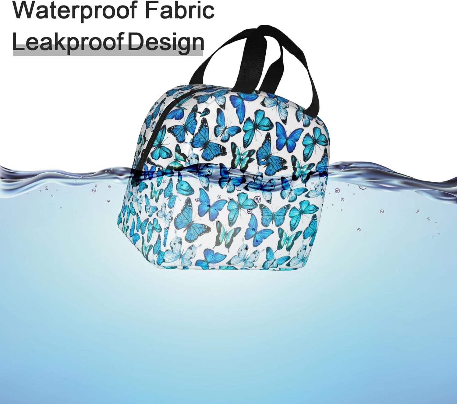 Insulated Lunch Bag Box for Women with Blue Butterfly Print Cooler Thermal Waterproof Reusable Tote Bag with Big Pocket for Work Office Picnic College - Image 5