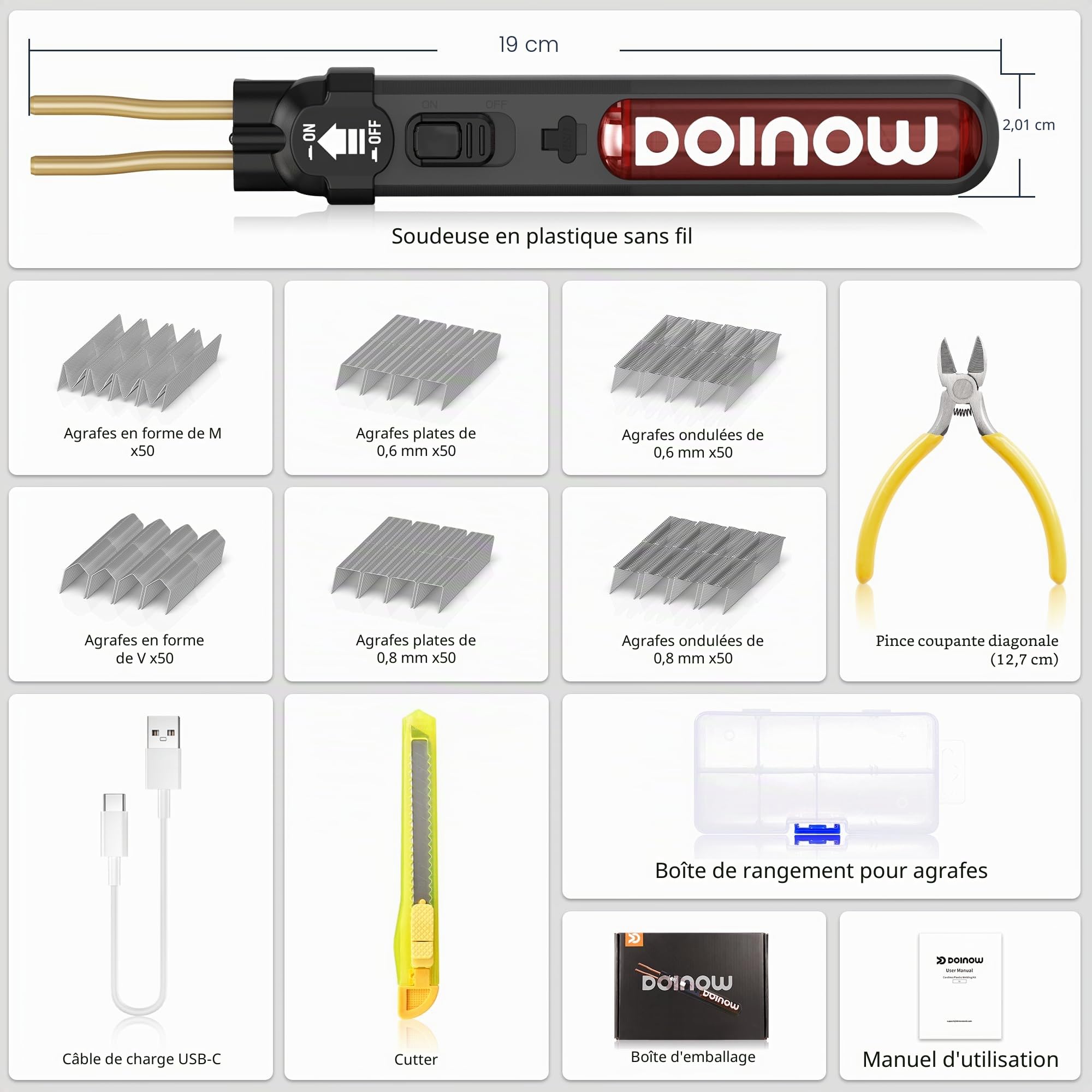 Kit de soudure plastique sans fil, 300 agrafes de soudage plastique, interrupteur marche/arrêt, chargement USB-C, soudeuse plastique pour la réparation des plastiques des pare-chocs automobiles