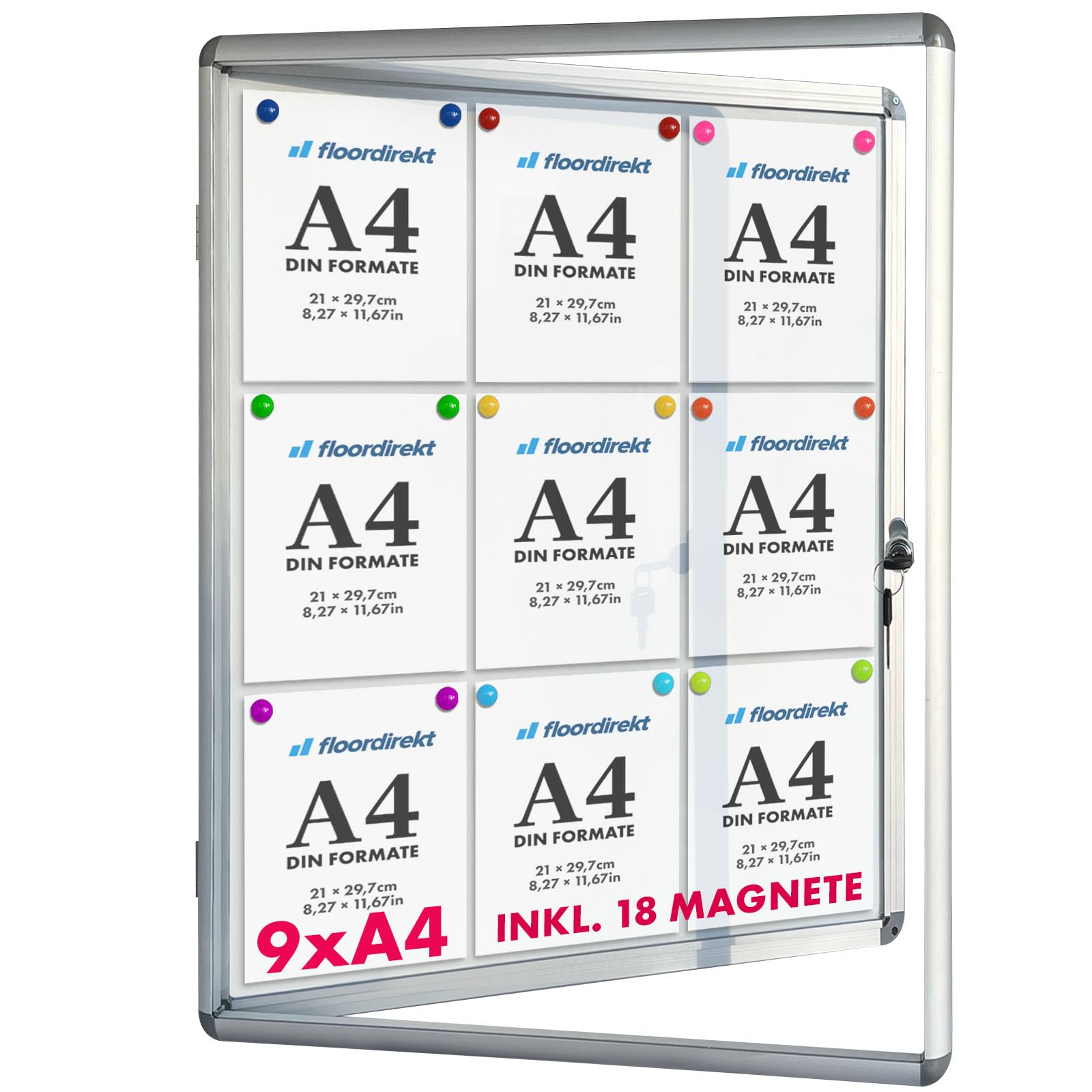 Floordirekt | Panneau d'affichage en aluminuim, vitrine d'affichage avec serrure à clé | Panneau arrière magnétique - Porte avec serrure - Cadre en aluminium | 24 aimants inclus| 9 x A4