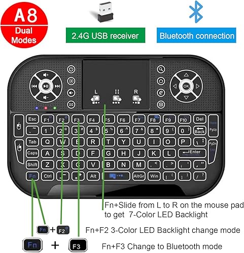 Miniatura 2 de Mini teclado Bluetooth A8, dos modos (2.4 GHzBluetooth) controlador de teclado inalámbrico con panel táctil y mouse combinado, retroiluminación RGB