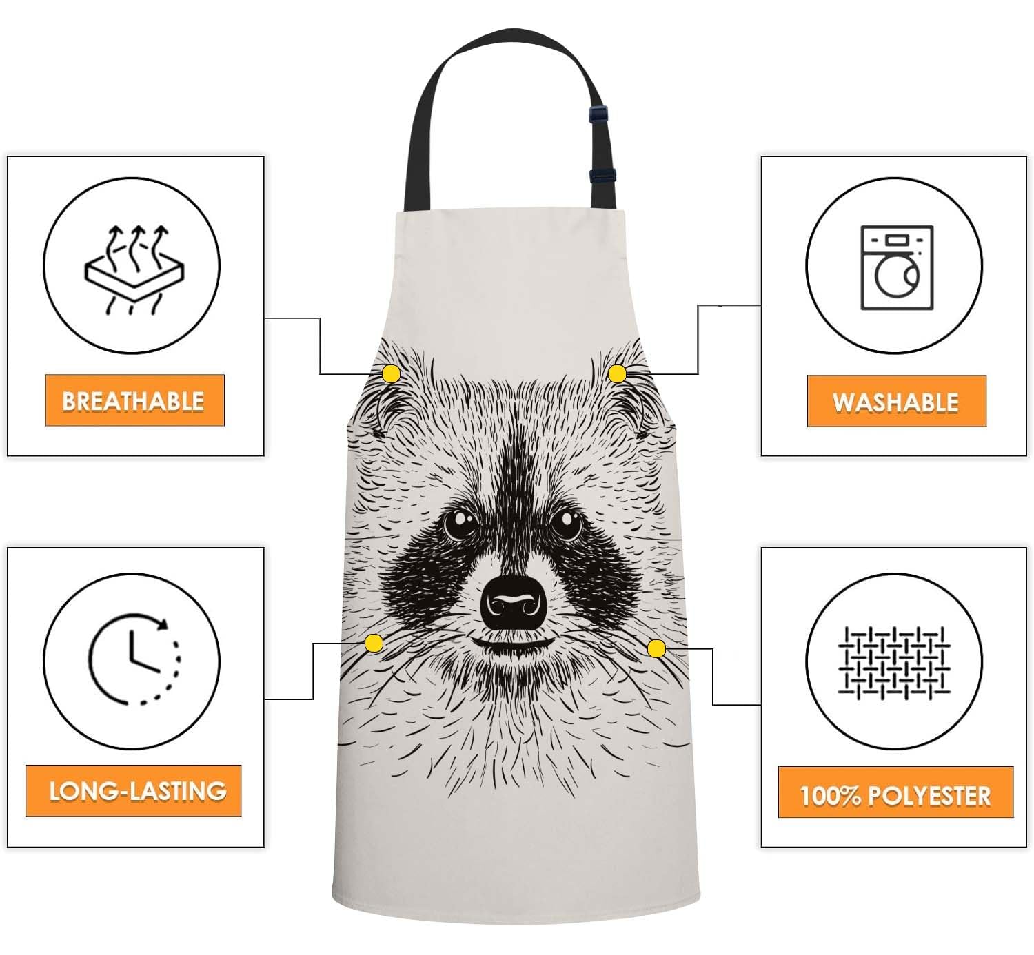 Smooffly Sketch Raccoon Face Apron Unisex Adjustable Bib Apron Cooking Kitchen Chef Women Men Aprons for Home Kitchen Restaurant,Coffee House,Shop,Garden - Image 4