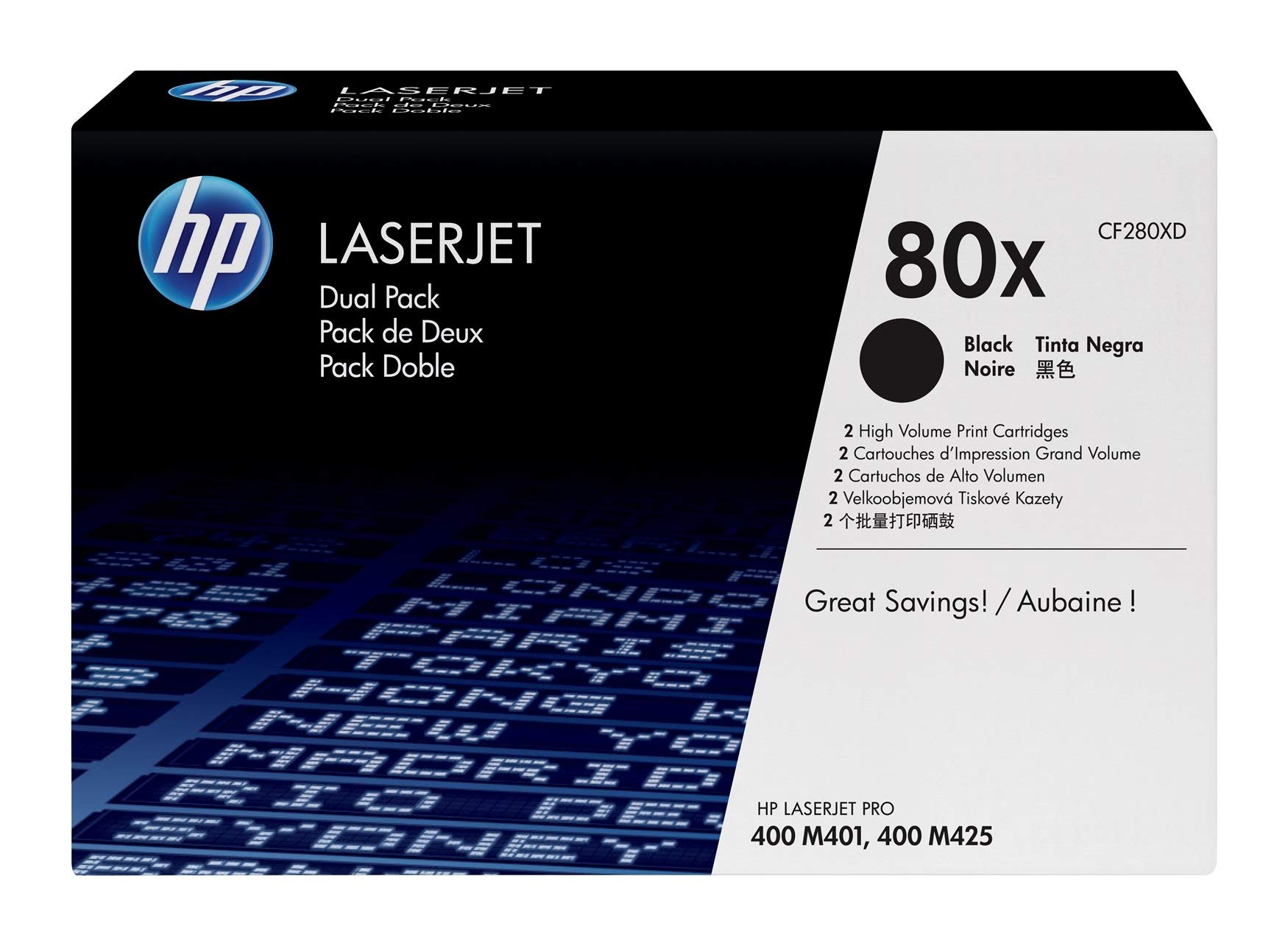 HP80X | CF280XD | 2 Toner Cartridges | Black | Works with HP LaserJet Pro 400 Printer M401 series, M425dn | High Yield
