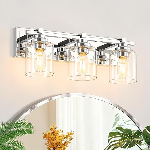 Miniatura 56 de 1 Lámpara Moderna para Baño sobre Espejo, Luces de Tocador Cromadas para Apliques de Pared de Baño con Pantallas de Vidrio Blanco Lechoso, Casquillo