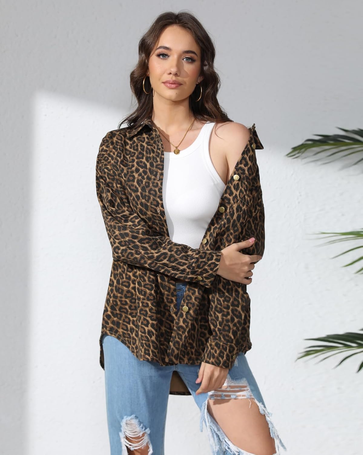 Kedera Women’s Leopard Print Jean Jacket Cheetah Print Denim Bomber Jacket Button Down Shacket Coat - Image 5