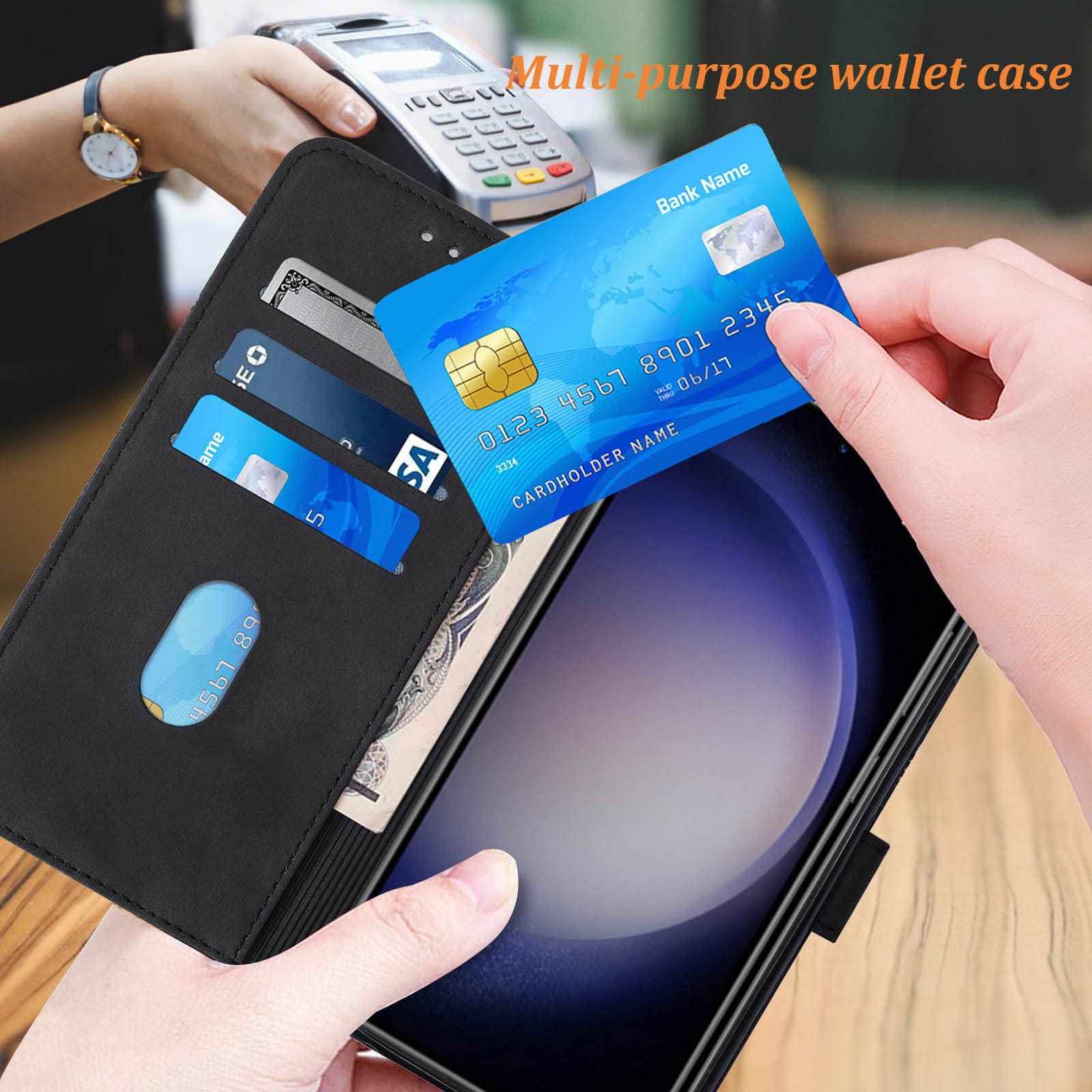 S23 Case Wallet,for Galaxy S23 Case,[Kickstand][Wrist Strap][Card Holder Slots] TPU Interior Protective for Samsung Galaxy S23 Case,PU Leather Folio Flip Cover for Samsung S23 Case 2023 (Black)