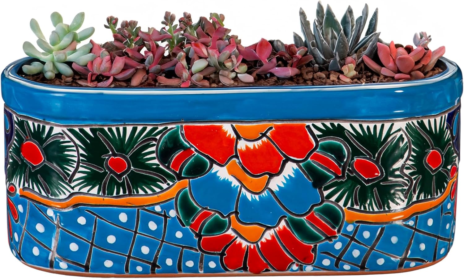 Evergreen Garden Talavera Mexican Pottery Ceramic Turquoise Ledge Planter | Flower Pot Plant Succulent | Indoor Outdoor (12 inch)