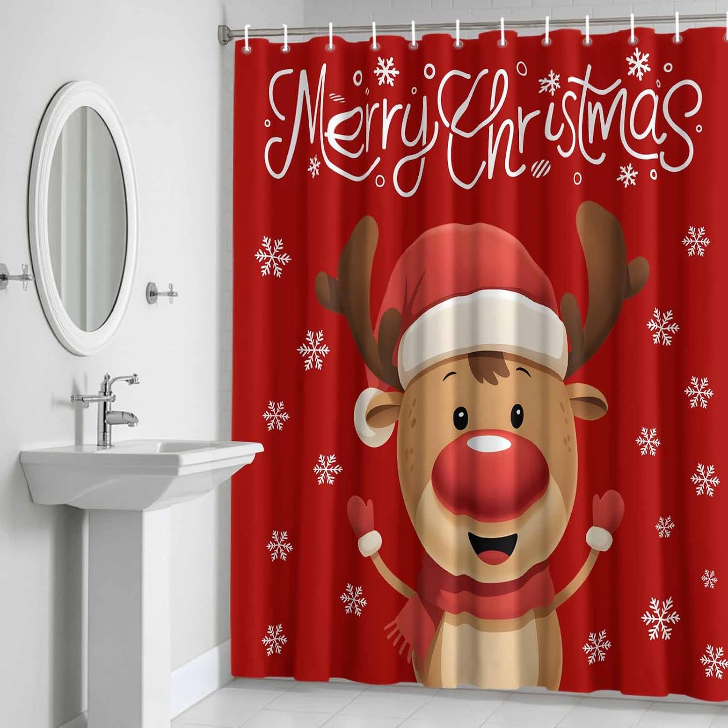 Merry Christmas Bathroom Shower Curtains Set - Small Shower Curtain 36 x 72 Inch, Red Winter Xmas Cartoon Deer Snowflake Waterproof Fabric Bathroom Curtain with 12 Hooks, Bath Decor
