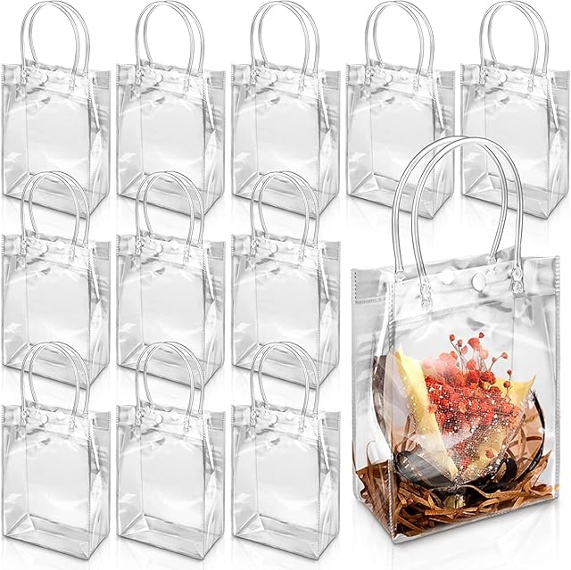 30Pcs Clear PVC Plastic Gift Bags, Gift Bags with Handle, Reusable Plastic Bags Small Gift Wrap Tote Bags Candy Bags for Christmas Party Favors Wedding Birthday(7.9x7.9x3.1in)
