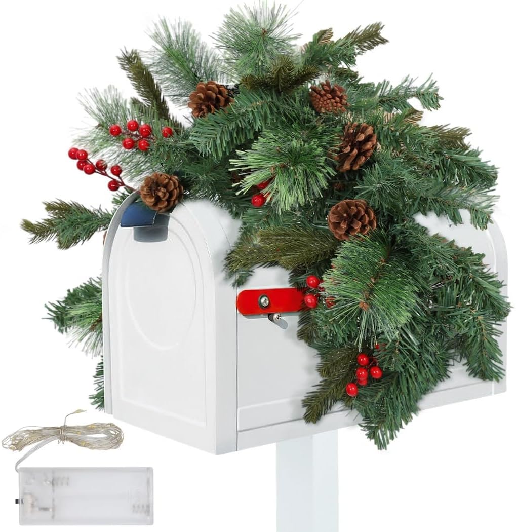 35-Inch Lighted Pine Cone Mailbox Decoration, 20 Led Christmas Garland with 6.56Ft String Lights, Glowing Pinecone and Red Berry Winter Decor for Holiday Season