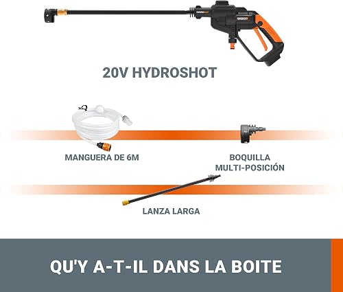 WORX Nettoyeur Haute Pression sans Fil 20V Hydroshot WG620E.9, outil mobile sans raccord d'eau fixe, livré sans batterie ni chargeur, avec set d'accessoires - 6