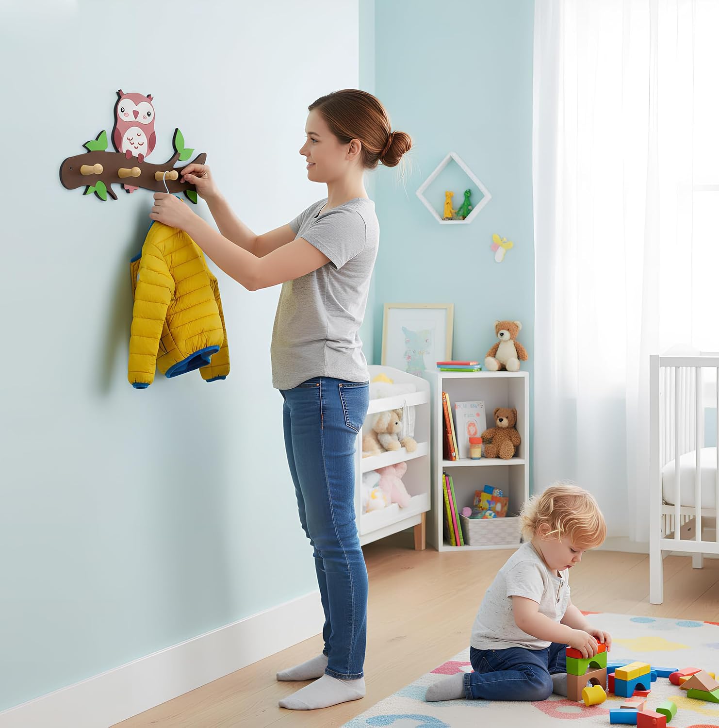 Wooden Kids Coat Rack Wall Mount Decorative Wood Cute Owl Animal Jungle Nursery Room Entryway Playroom for Towels Hats Wall Hooks