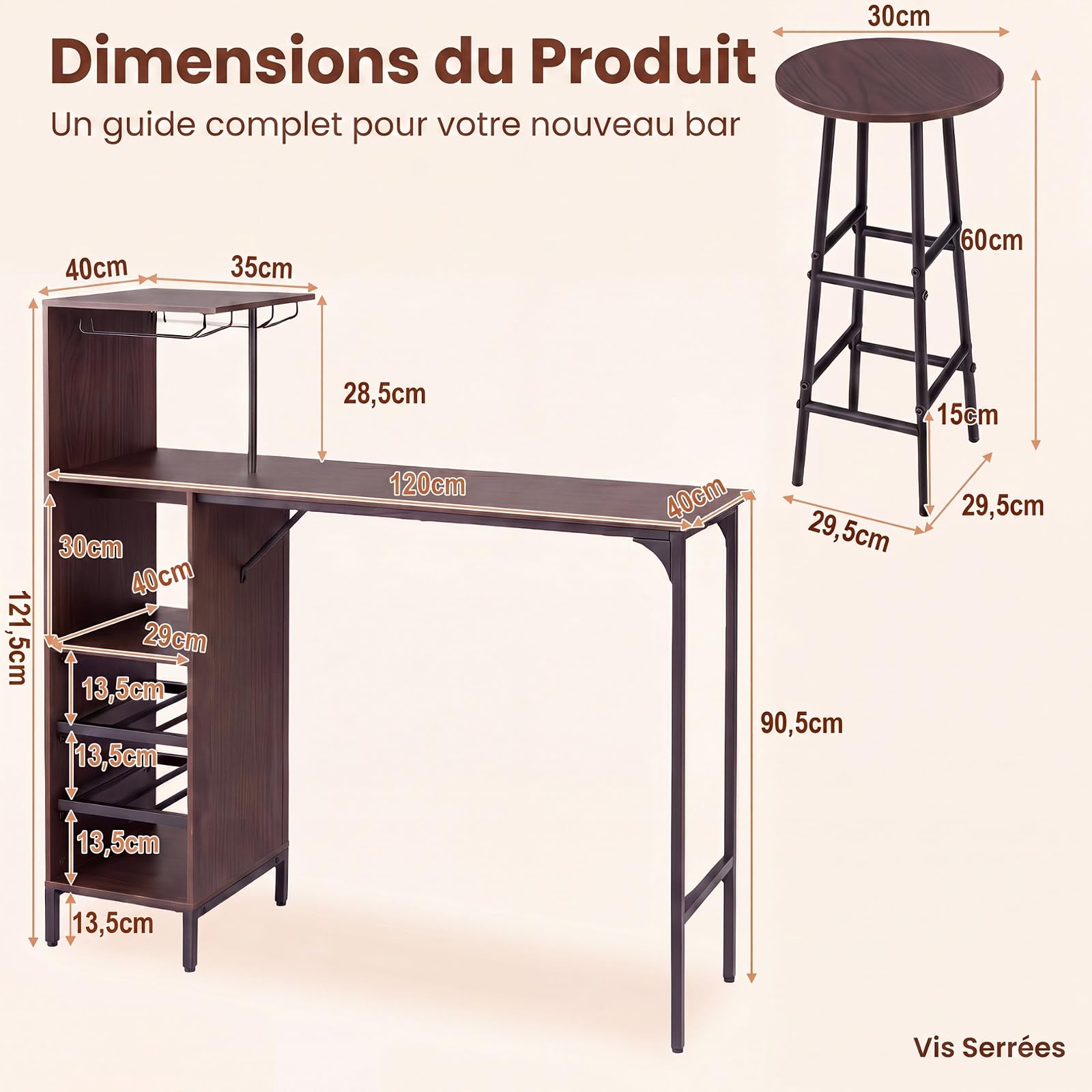 RELAX4LIFE Table Haute avec Tabouret, Mange Debout avec Porte-Verre, Porte-Bouteille, Étagères, Petite Table Bar Industrielle pour Cuisine Bistro Salle à Manger (Café)