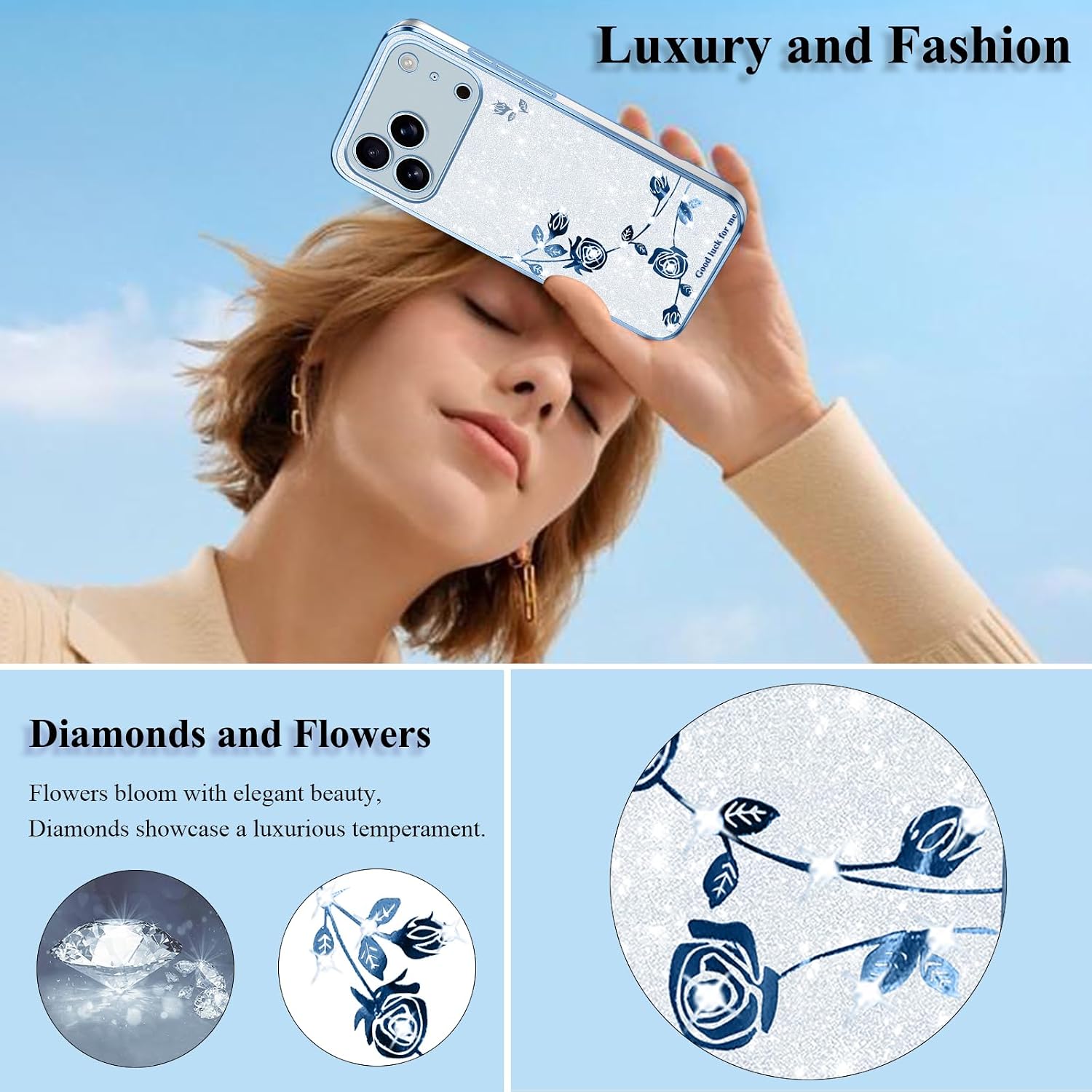 Case for iPhone 18 Pro Max Clear Glitter Floral (Blue-Silver) image 2