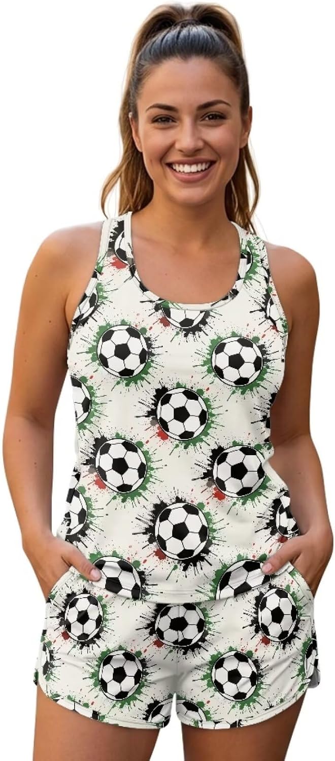 Women's Blouson Tankini Swimsuits Tummy Control 2Pcs Bathing Suits with Sporty Pockets Swim Shorts Size S-6XL