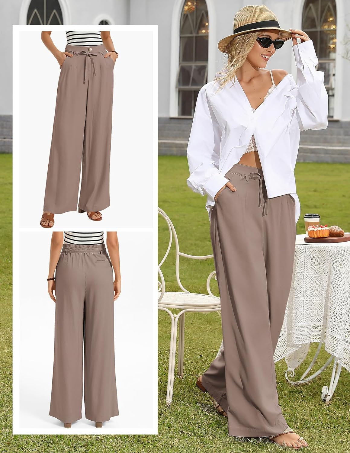 GRACE KARIN Linen Pants Women,Elastic High Waist Wide Leg Pants with Pockets,Comfy Beach Vacation Trousers - Image 2