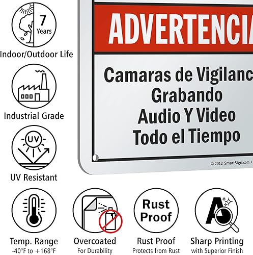 Miniatura 6 de SmartSign Letrero bilingüe "Warning - Audio y Video vigilancia en servicio en todo momento"  Aluminio de 7 x 10 pulgadas